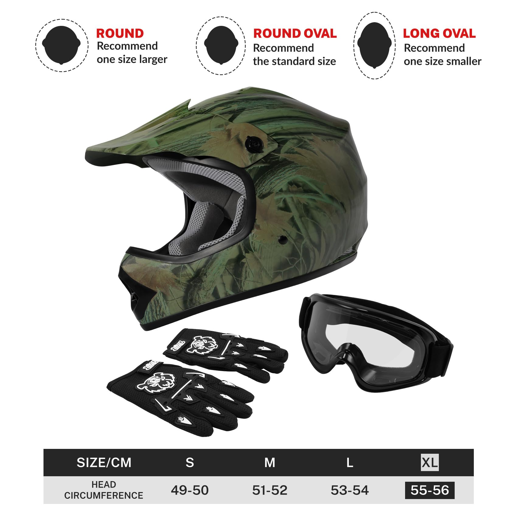 Tct-Motorparts Dot Youth Kids Motocross Atv Helmets Offroad Street Dirt Bike Go-Kart Bmx Mx Full Face Helmet Forest X-Large Size