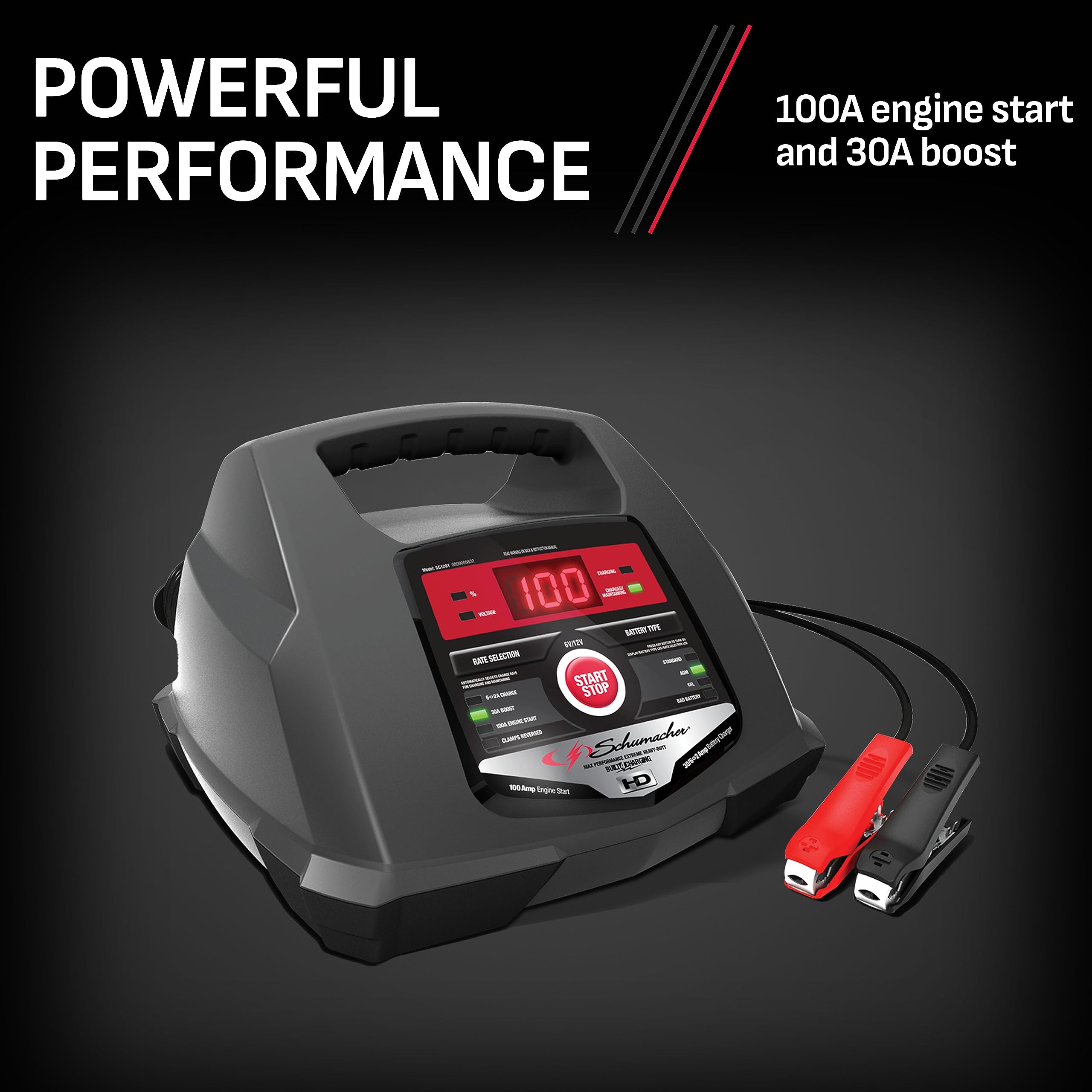 Schumacher Electric 6V/12V Fully Automatic Car Battery Charger & Engine Starter SC1281 - Black, 30/100A, Reverse Hook-Up Protection