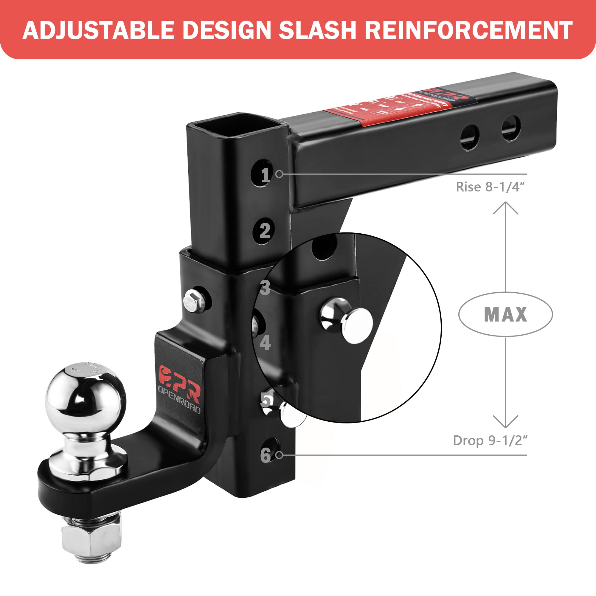 Openroad Adjustable Trailer Hitch Ball Mount - Fits 2-Inch Receiver, 2'' Tow Balls, 7500Lbs, 9-1/2'' Drop/ 8-1/4'' Rise, Heavy D