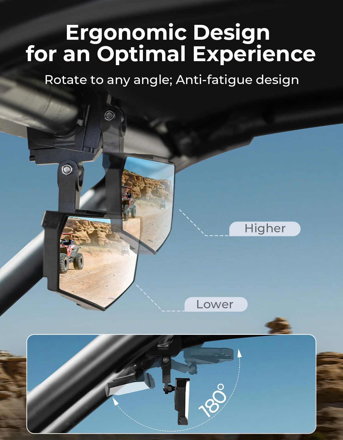 kemimoto UTV Center Mirror - Clear View, 360° Adjustable, Rustproof Aluminum Clamp, Compatible with Polaris RZR, Black