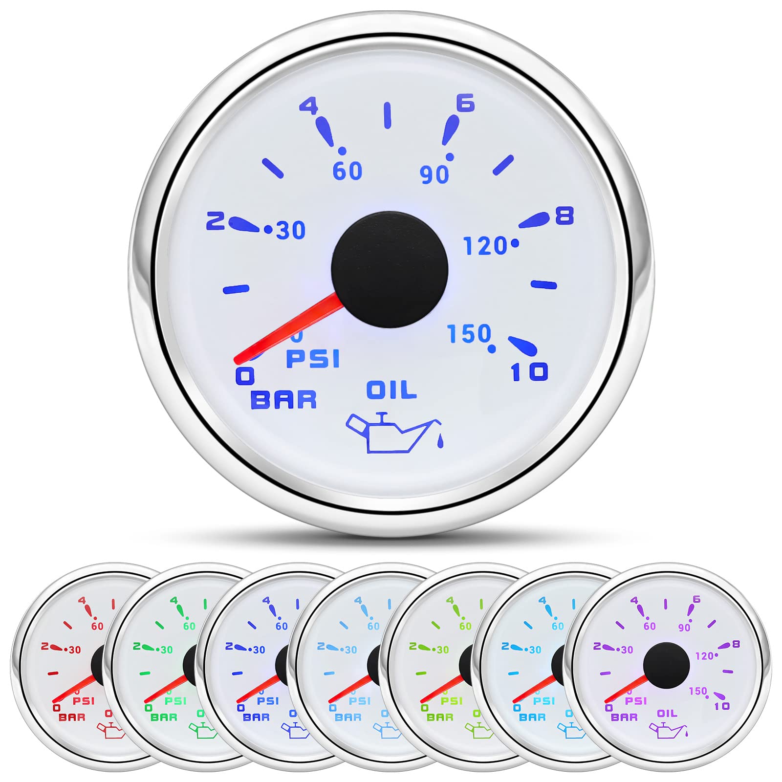ARTILAURA Oil Pressure Gauge Electric 2-1/16 52mm 0-150 PSI 0-10Bar Boat Meter 7 Color for AUTO Car Truck Marine (White)