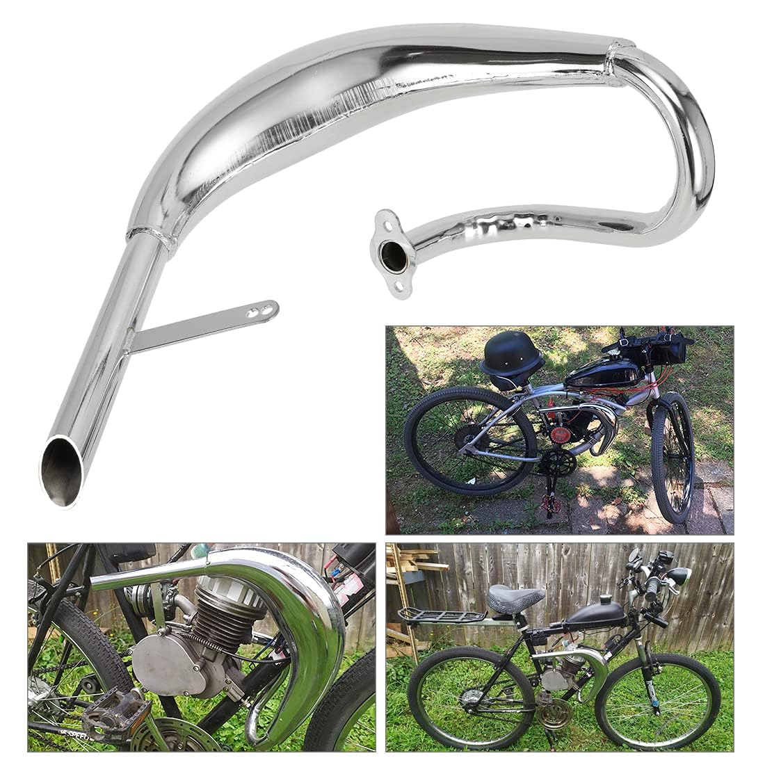 FVRITO Chrome Exhaust Muffler Expansion Chamber Pipe Silencer for 2 Stroke 50cc-100cc Motorized Bicycles - Silver, Model FV-PQG021-HMY