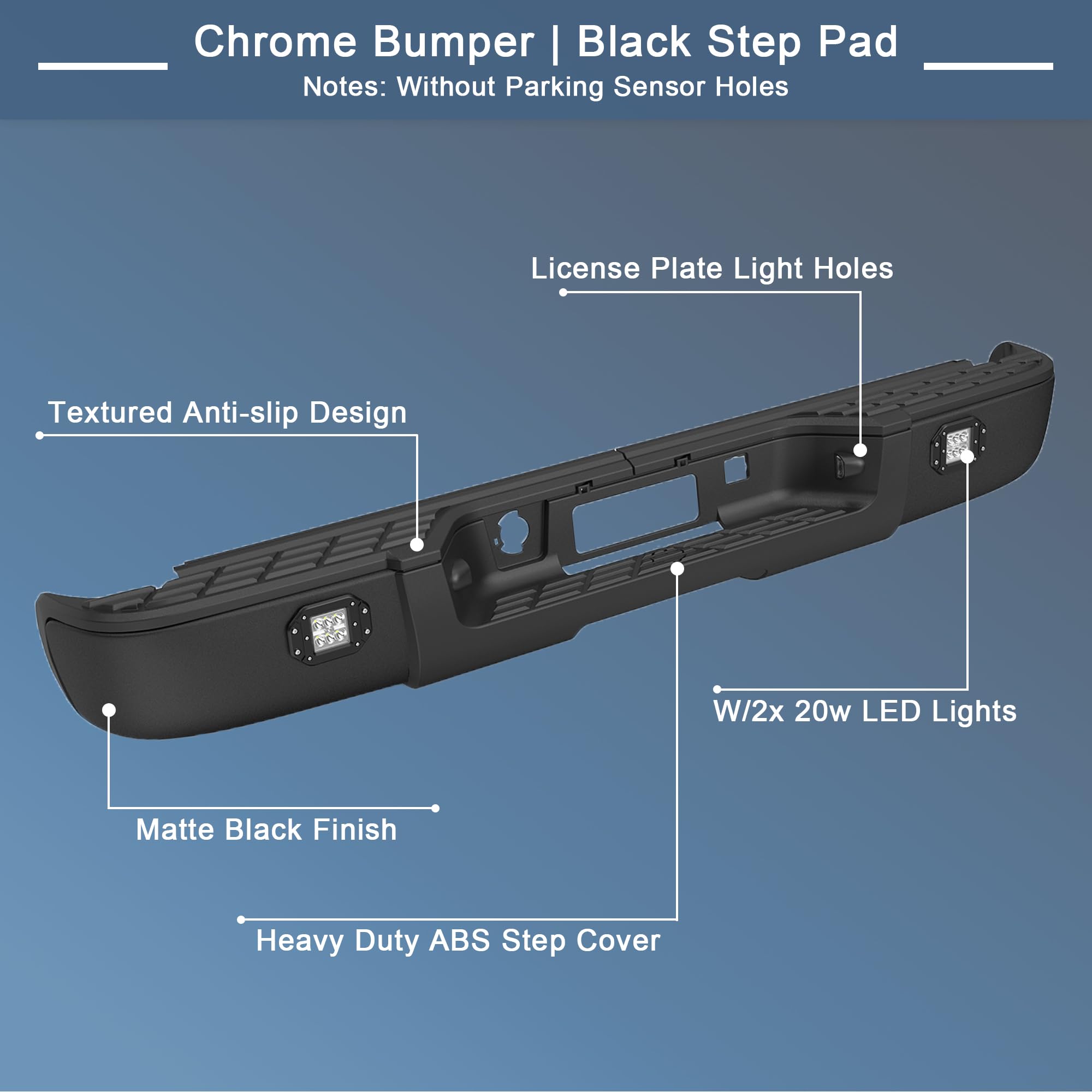 KUIPERAUTO Black Rear Step Bumper Assembly Compatible for 2007-2013 Chevy Silverado/GMC Sierra 1500 Pickup (NO Parking Sensor Ho