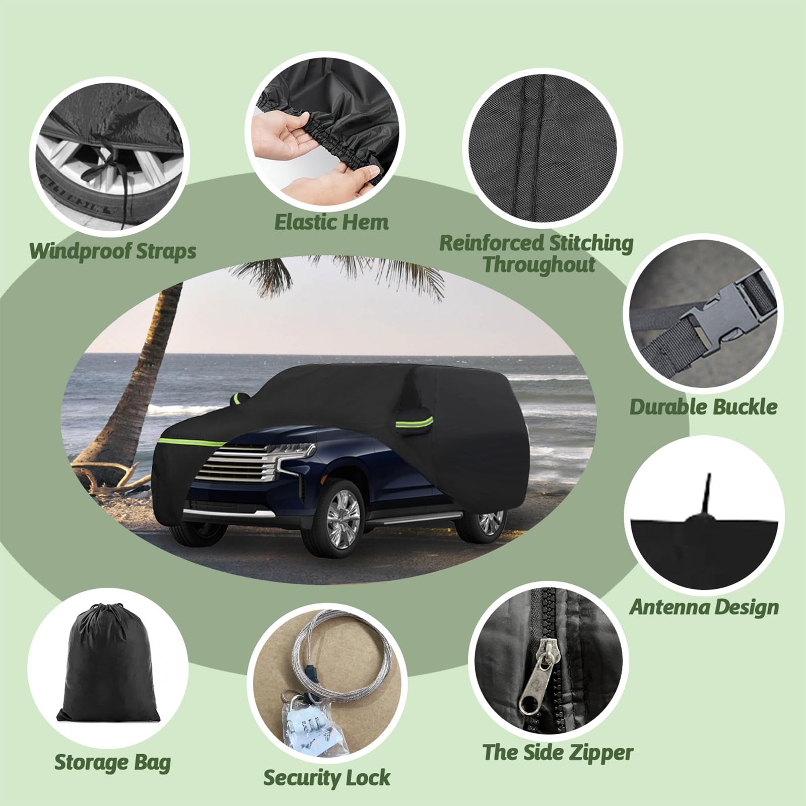 BETERNY 6 Layer Car Cover for 2007-2025 Chevy Suburban, GMC Yukon XL, Cadillac Escalade ESV, Waterproof, Black, Model SD07031