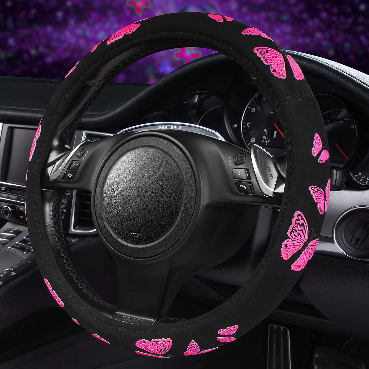 Car Pass Hot Pink Butterfly Steering Wheel Cover, 14.5'' To 15.5'' Car Wheel Cover Universal Fit For Suvs, Small Trucks, Sedans,