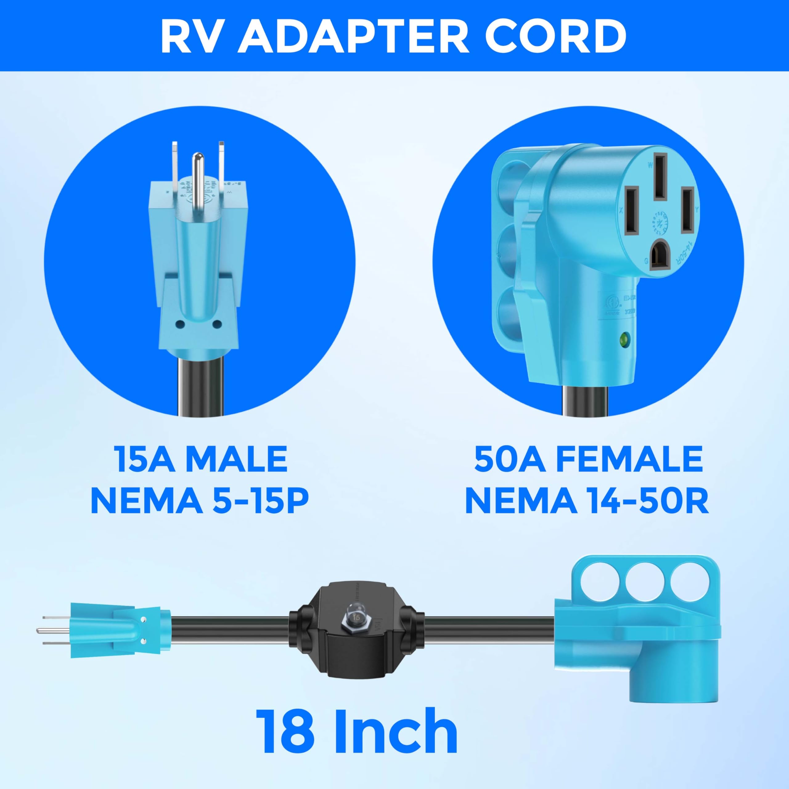 CircleCord 50 Amp to 15 Amp RV Adapter Cord - Heavy Duty 10 Gauge, NEMA 5-15P Male to 14-50R Female, Blue, 15M/