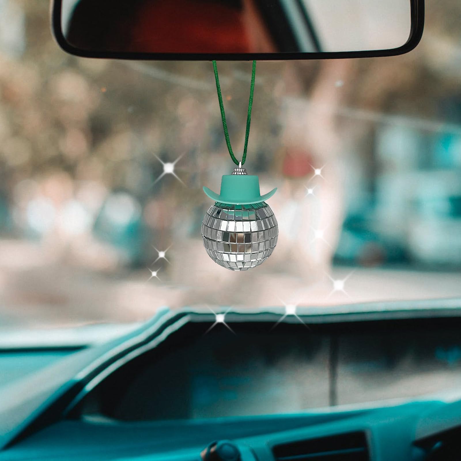 Spansee Green Cowboy Disco Ball, Disco Ball Cowboy Hat Car Accessory, Car Mirror Hanging Accessories, Disco Ball With Cowboy Hat, St. Patrick'S Day, Disco Ball Car Mirror Ornament, Cowboy Car Decor