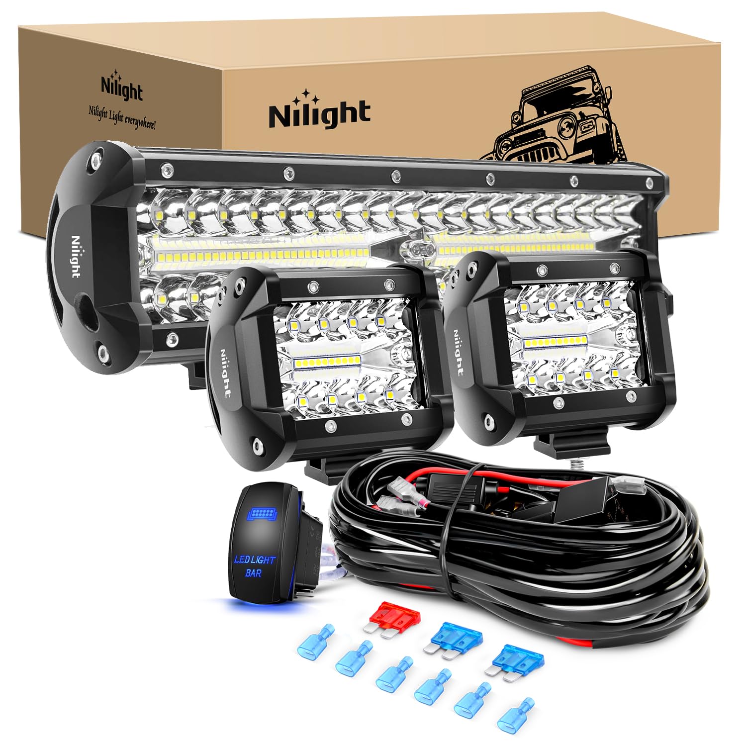 Nilight 12 Inch 300W Triple Row Spot Flood Combo 2 Pcs 4 Inch 60W Led Pods Flood Boat Lights Driving Fog Lights Work Light For T