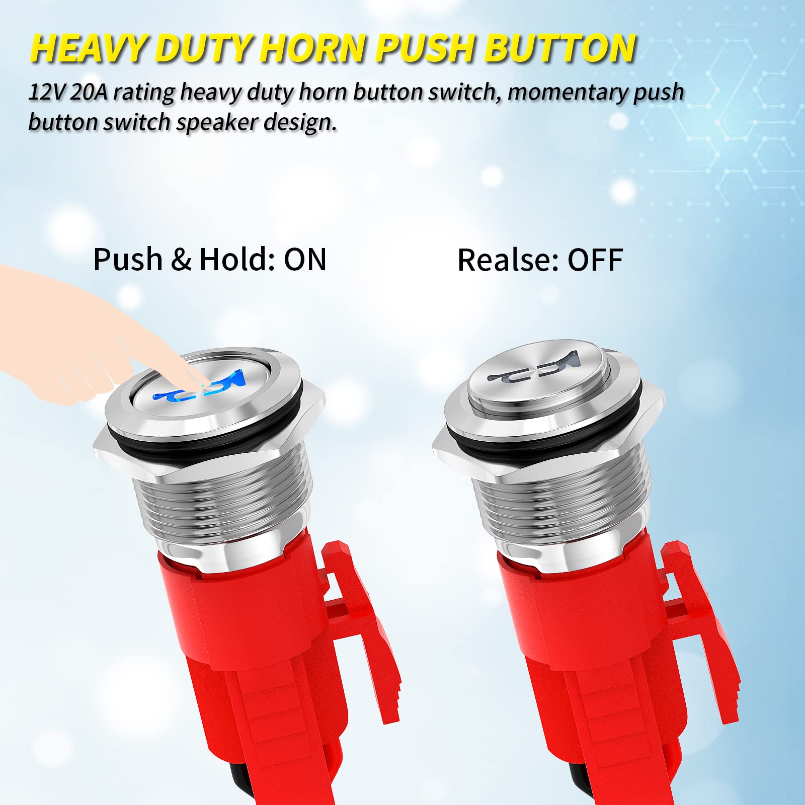 Joinfworld Horn Button 12V 20A Heavy Duty 16Mm Metal Horn Switch Speaker Blue Led Illumianted Stainless Steel Momentary Push But