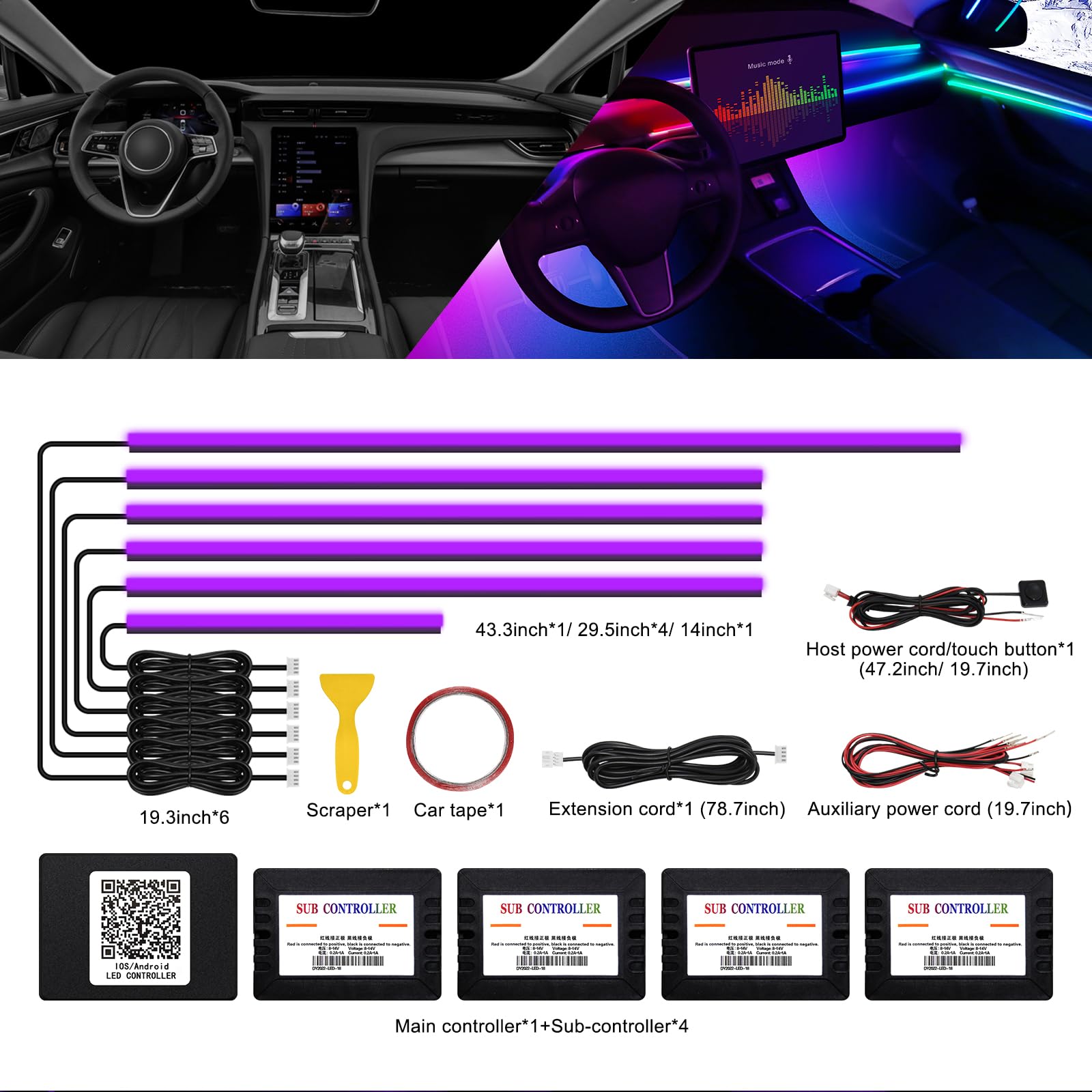 MAODANER Acrylic Car LED Strip Light, RGB 6 in 1, 175 inches, 593 LEDs, Wireless APP, Sound Active Ambient Lighting
