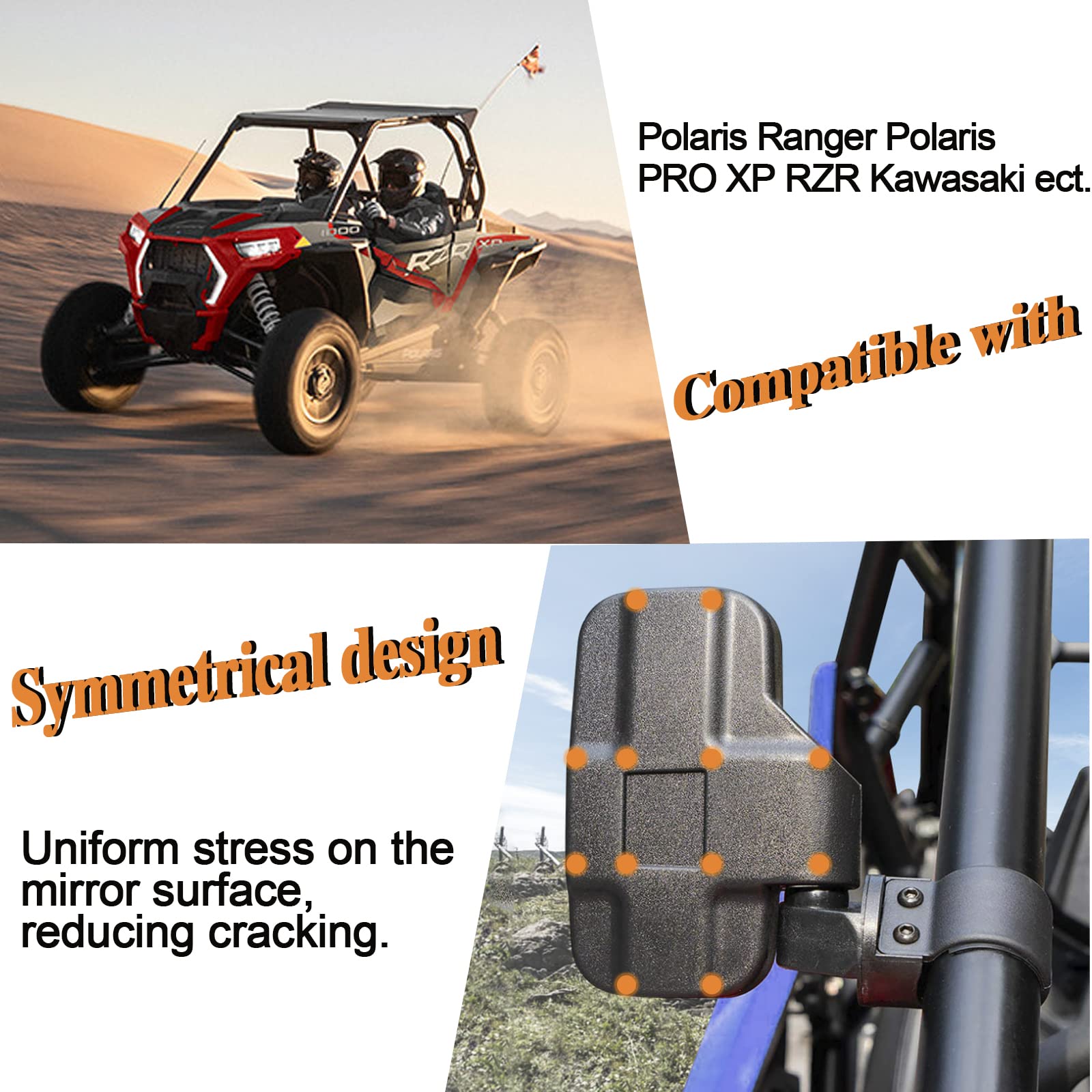 CMOOD UTV Side Rear View Mirror - 1.75" to 2" Roll Bar Compatible with Polaris RZR, Honda Pioneer, Yamaha Rhino, ABS Material