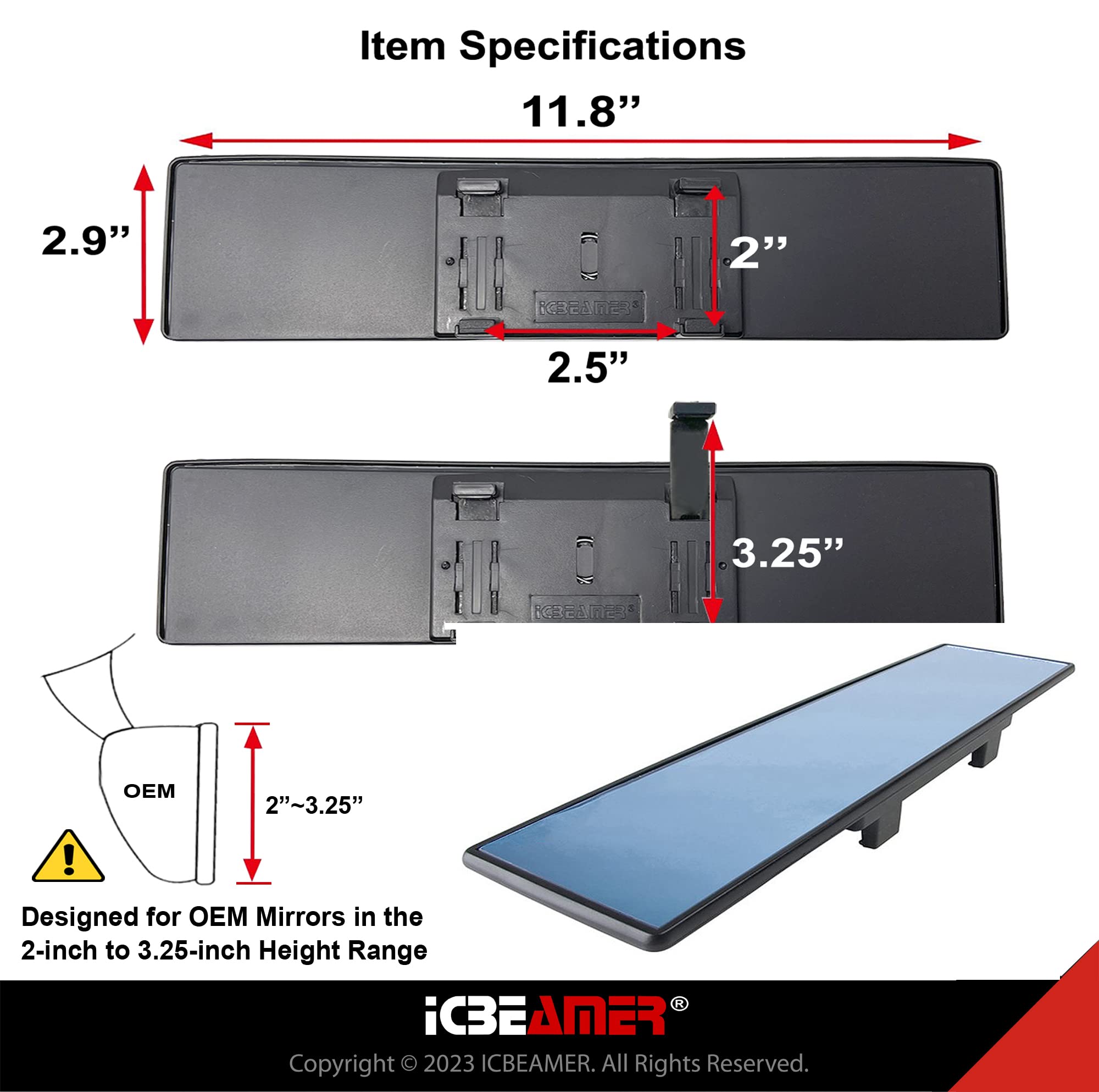 Icbeamer 11.8 Inch Car Rearview Mirror, Panoramic Wide Angle, Hd Blue Tint Glass, Interior Clip On Flat, Anti Glare, Automotive