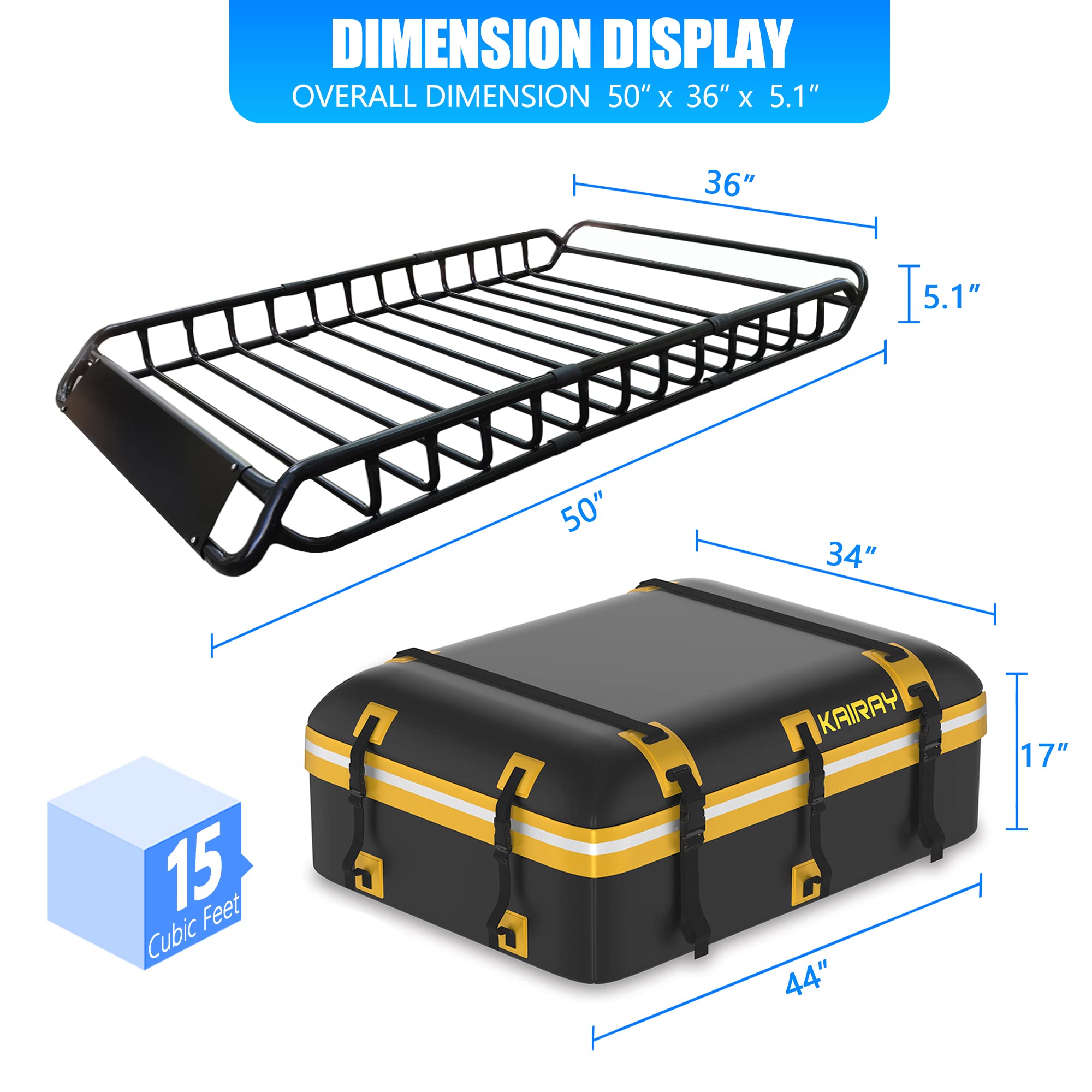 KAIRAY Roof Rack Cargo Basket - 50"x36"x5.1" Alloy Steel, Black, Extendable with Waterproof Bag, Ratchet Straps, Model HY1004-A