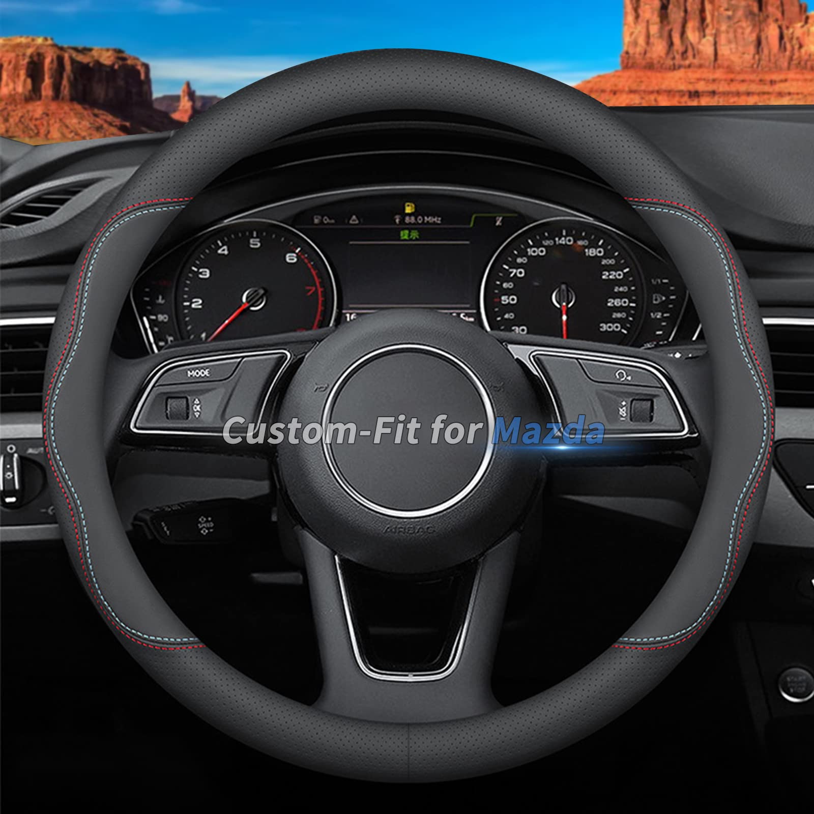 Deer Route Custom-Fit For Mazda Steering Wheel Cover, Premium Leather Car Steering Wheel Cover With Logo, Non-Slip, Breathable,
