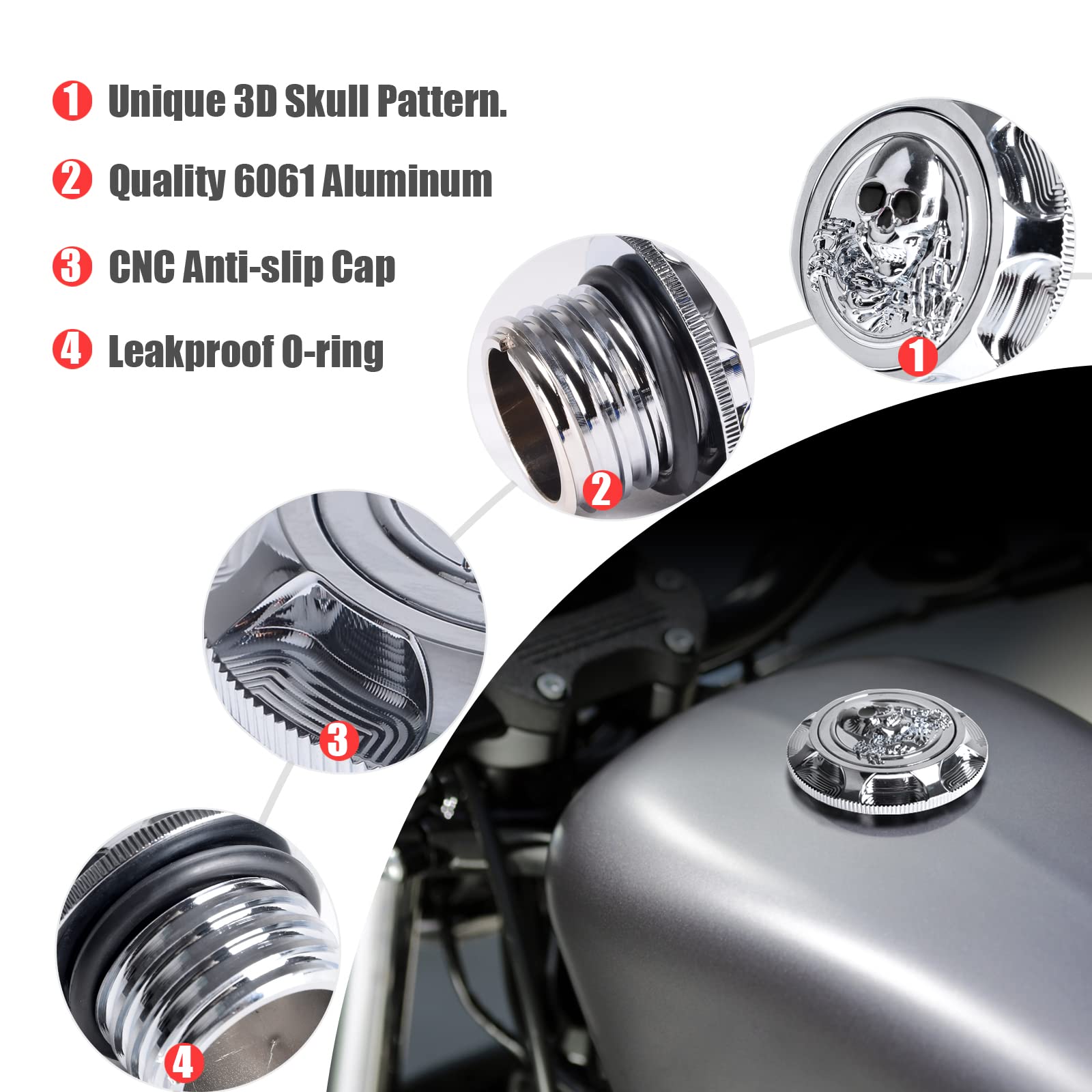 Sresk Sportster Gas Cap - 3D Skeleton CNC Aluminum Oil Cap, Chrome, Model YK-3DMFLGAS, Right-hand Thread for Harley XL 1200 883