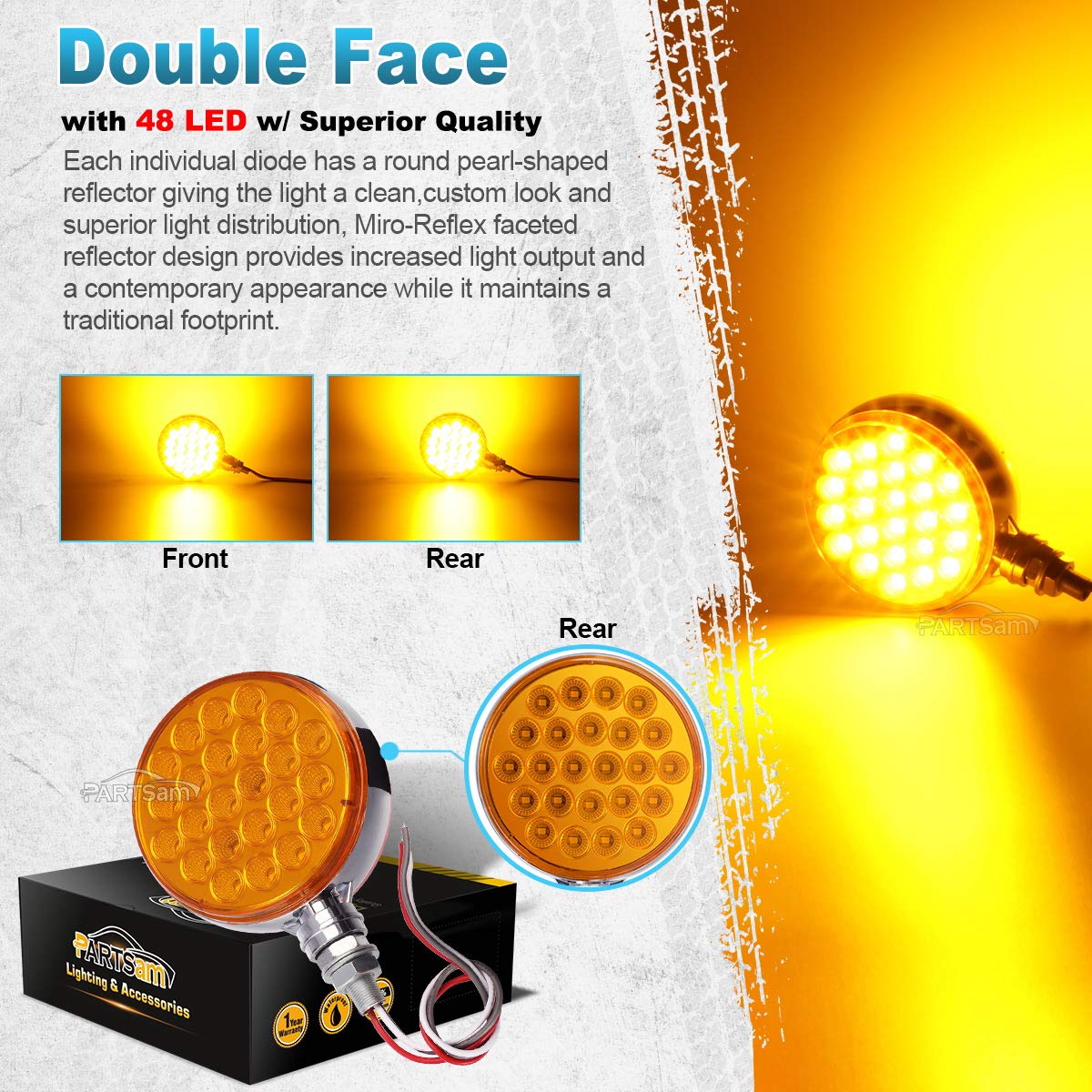 Partsam 2pcs Round Amber 48LED Pedestal Turn Signal Lights, Standard Size, Chrome & Plastic, Model 13, Dual-Face Marker for Trucks