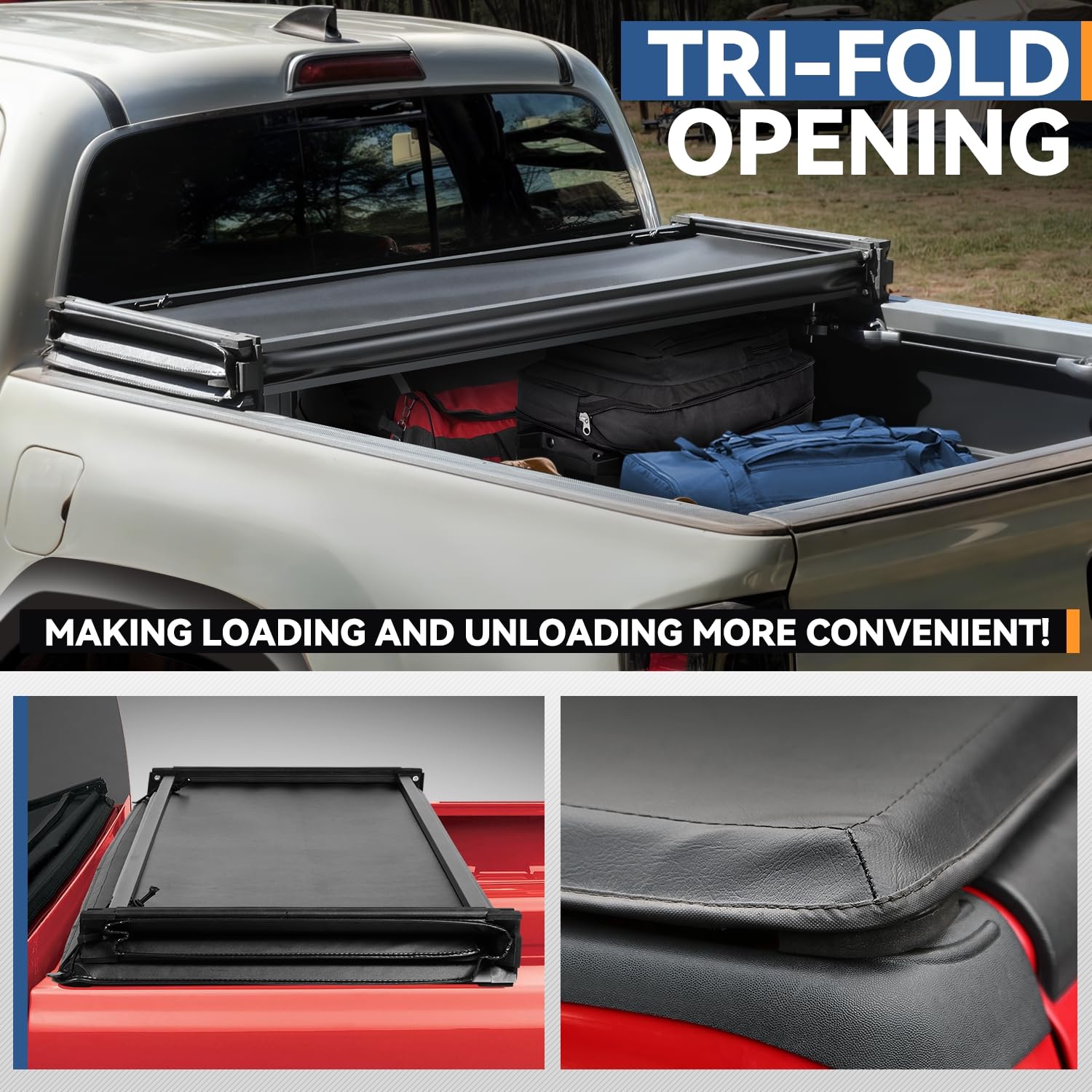 Auto Dynasty Truck Bed Tonneau Cover Compatible With 2016-2023 Toyota Tacoma 5Ft Fleetside/Styleside Bed, Soft Tri-Folding Matte