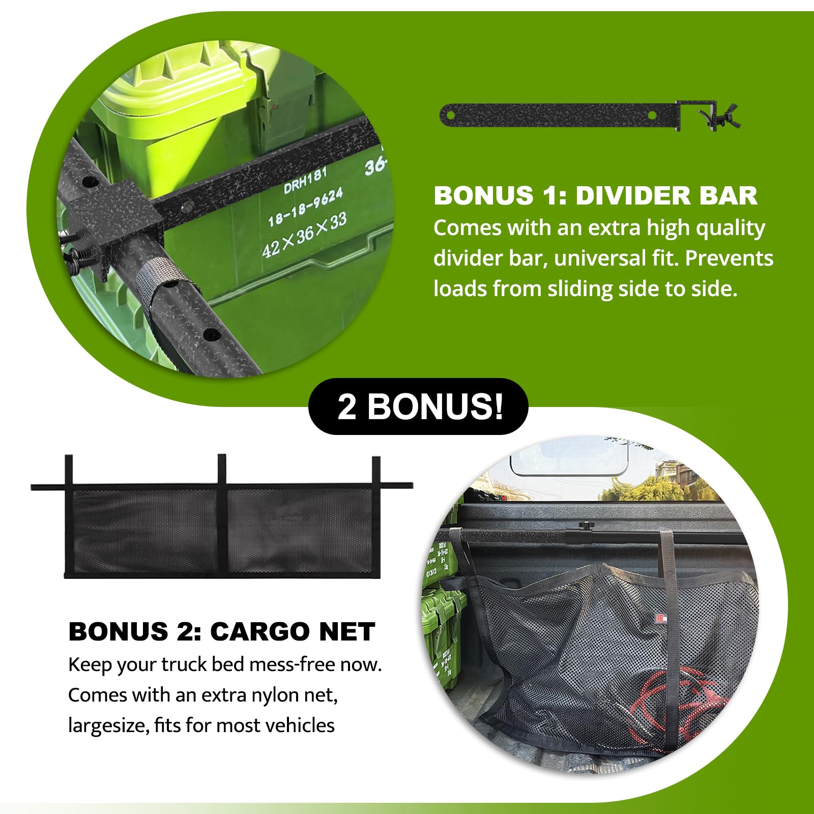 XINQIAO Adjustable Truck Bed Cargo Bar with Net & Divider, 39.4" to 70.8", 200 LB Capacity, Model XQDG002