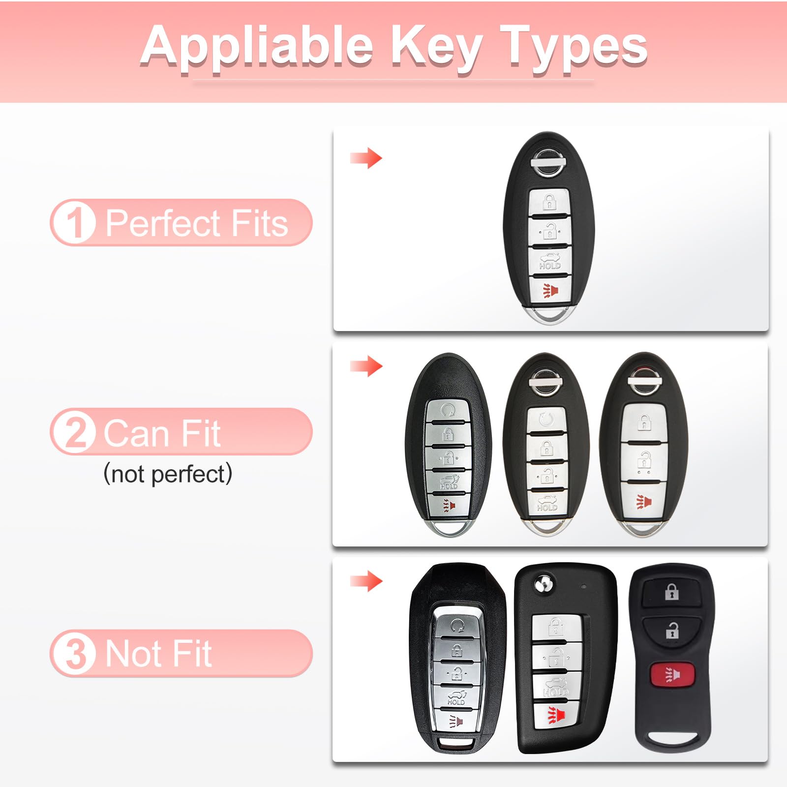 Pangpai Pink Nissan Key Fob Cover Set - 3 Pcs for 4 Buttons, Cute Bling Keychain, Fits Nissan A-4