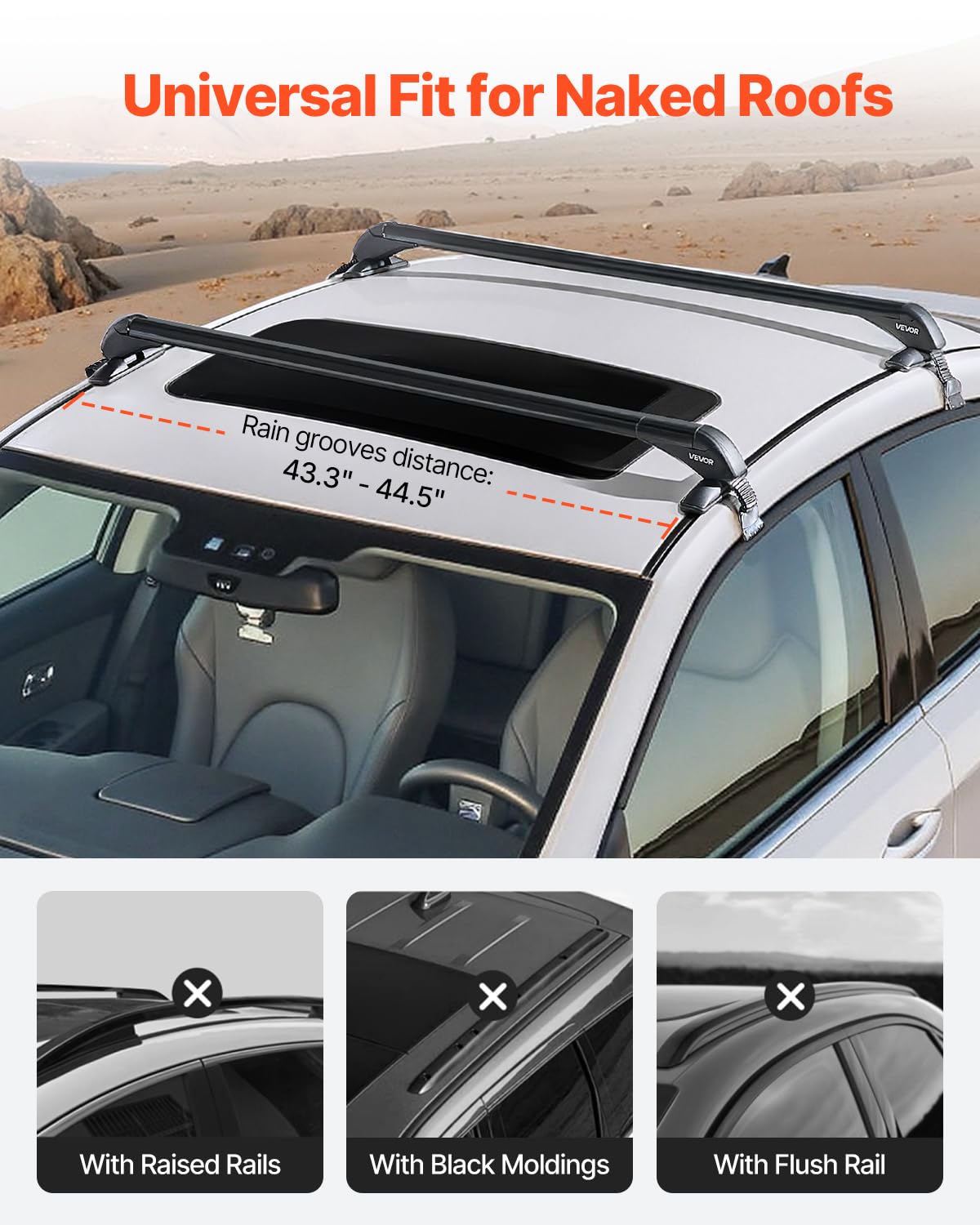 VEVOR Roof Rack Cross Bars, Universal Fit for Naked Roofs Without Raised Rails/Flush Rail/Black Moldings, 165 LBS Capacity, Lock