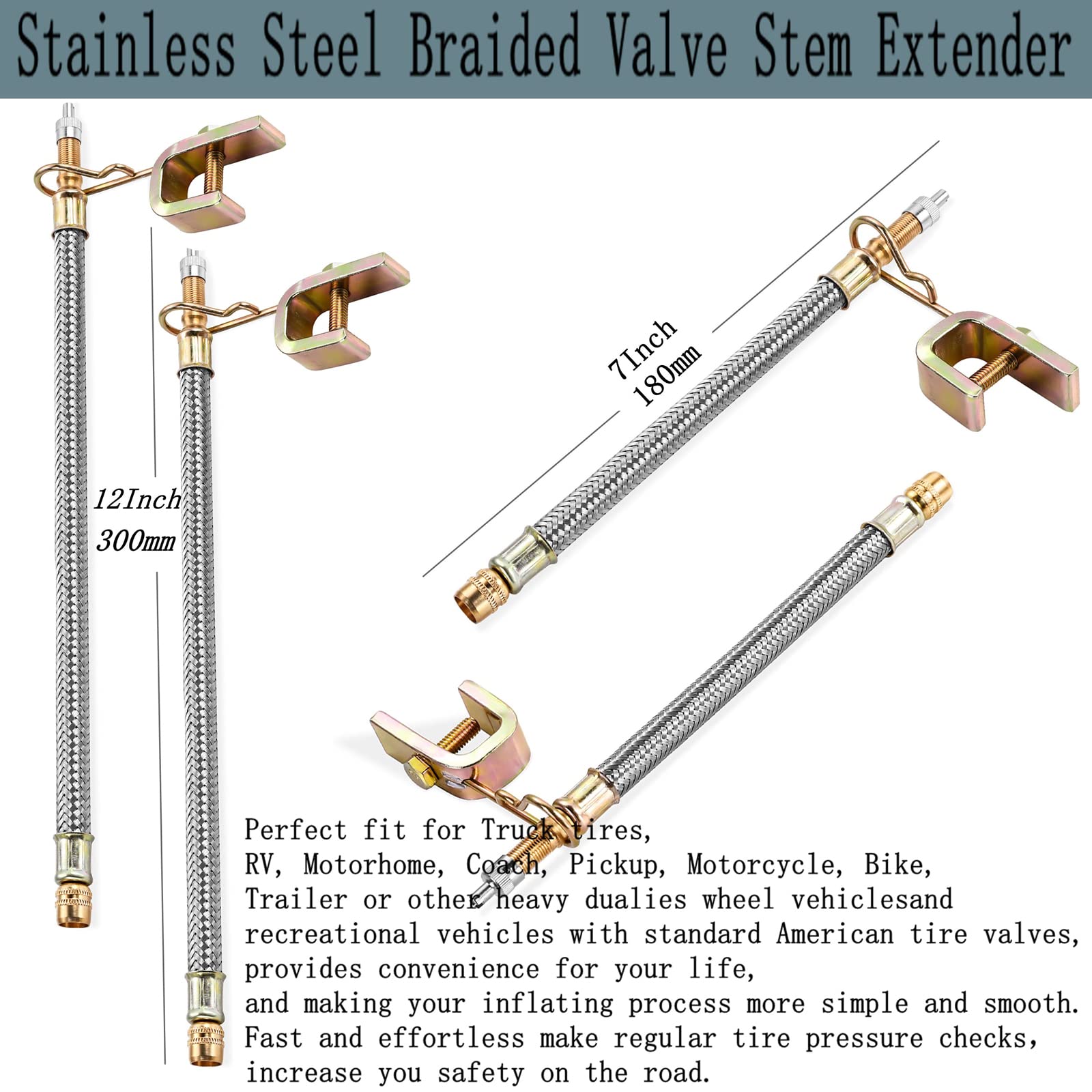 Aracey Valve Stem Extenders - 4Pcs Flexible Stainless Steel Braided Extensions, 7" & 12", 6 Brass Adaptors for Car & Truck