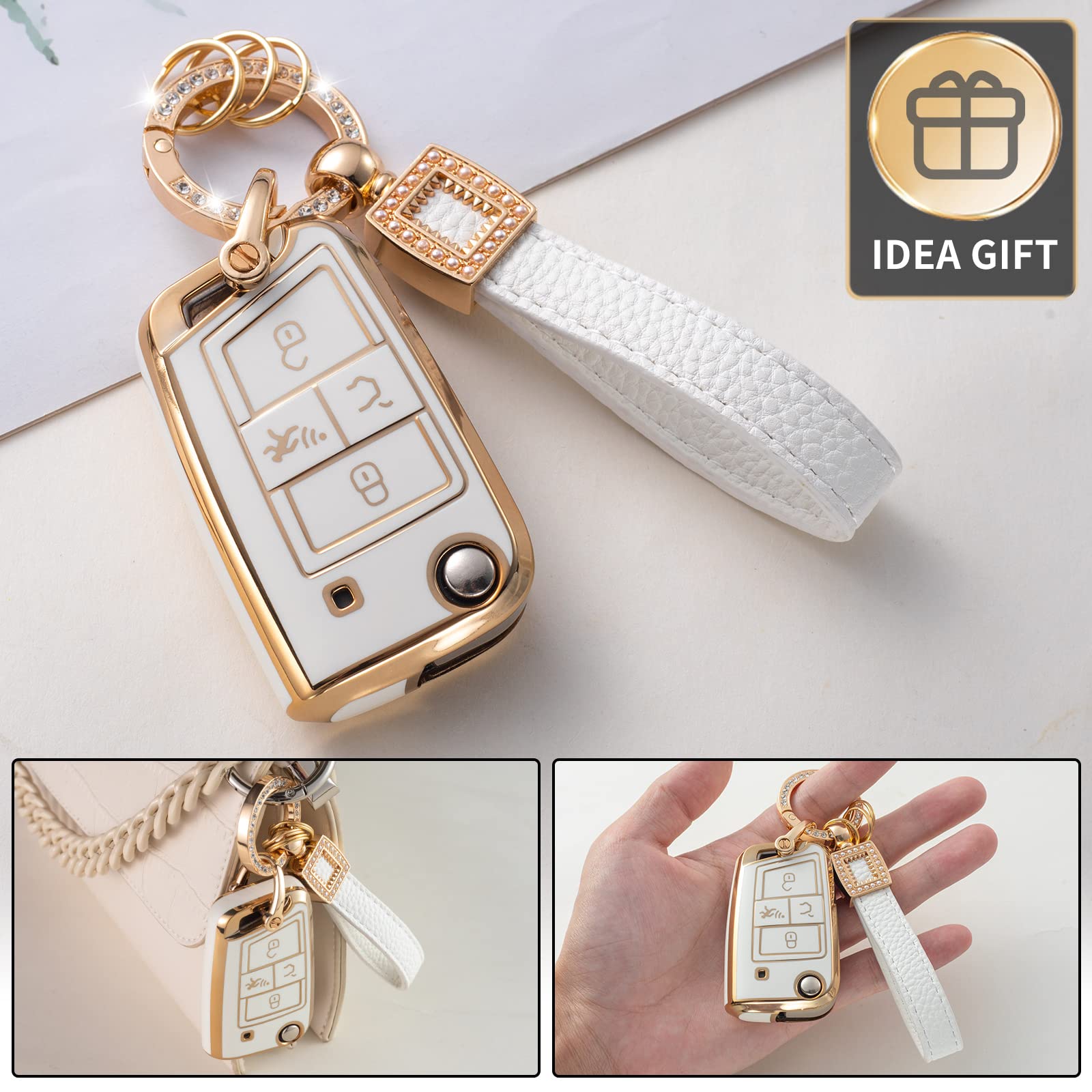 CACARLIKE Car Key Fob Cover - VW Compatible, Medium Size, White+Gold, Durable Plastic with Leather Lanyard