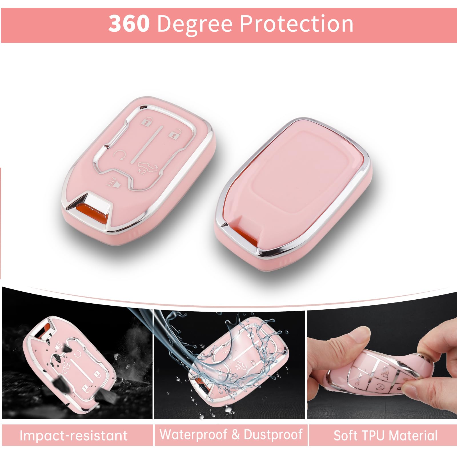 Pangpai Pink Key Fob Cover for Chevy GMC, Soft TPU Key Case Protection with Bling Keychain Fit for Silverado GMC Sierra 1500 250