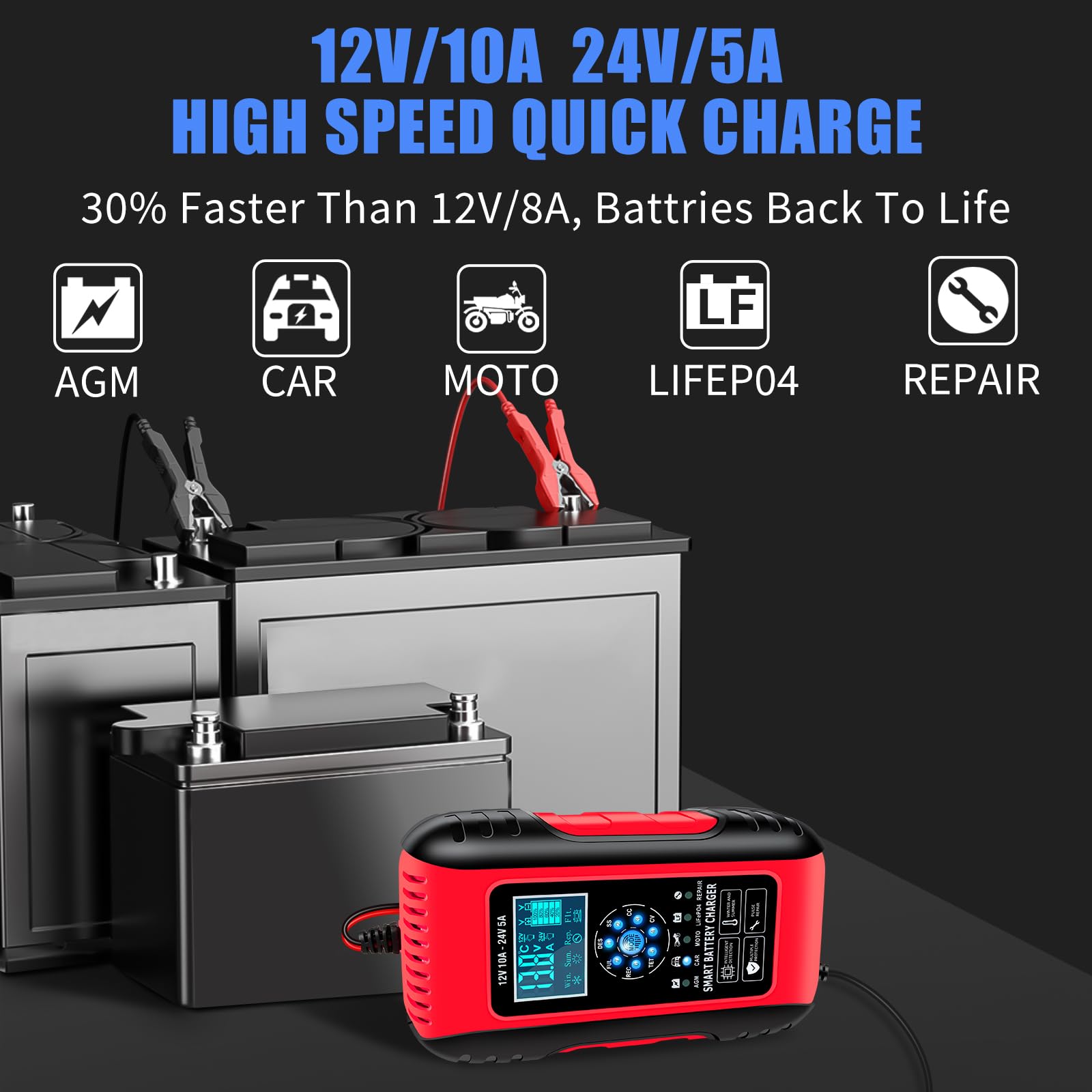 E-FAST 10A Battery Charger for Lifepo4 & Lead Acid, 12/24V Trickle Maintainer for Trucks, Motorcycles, Boats - Red/Black
