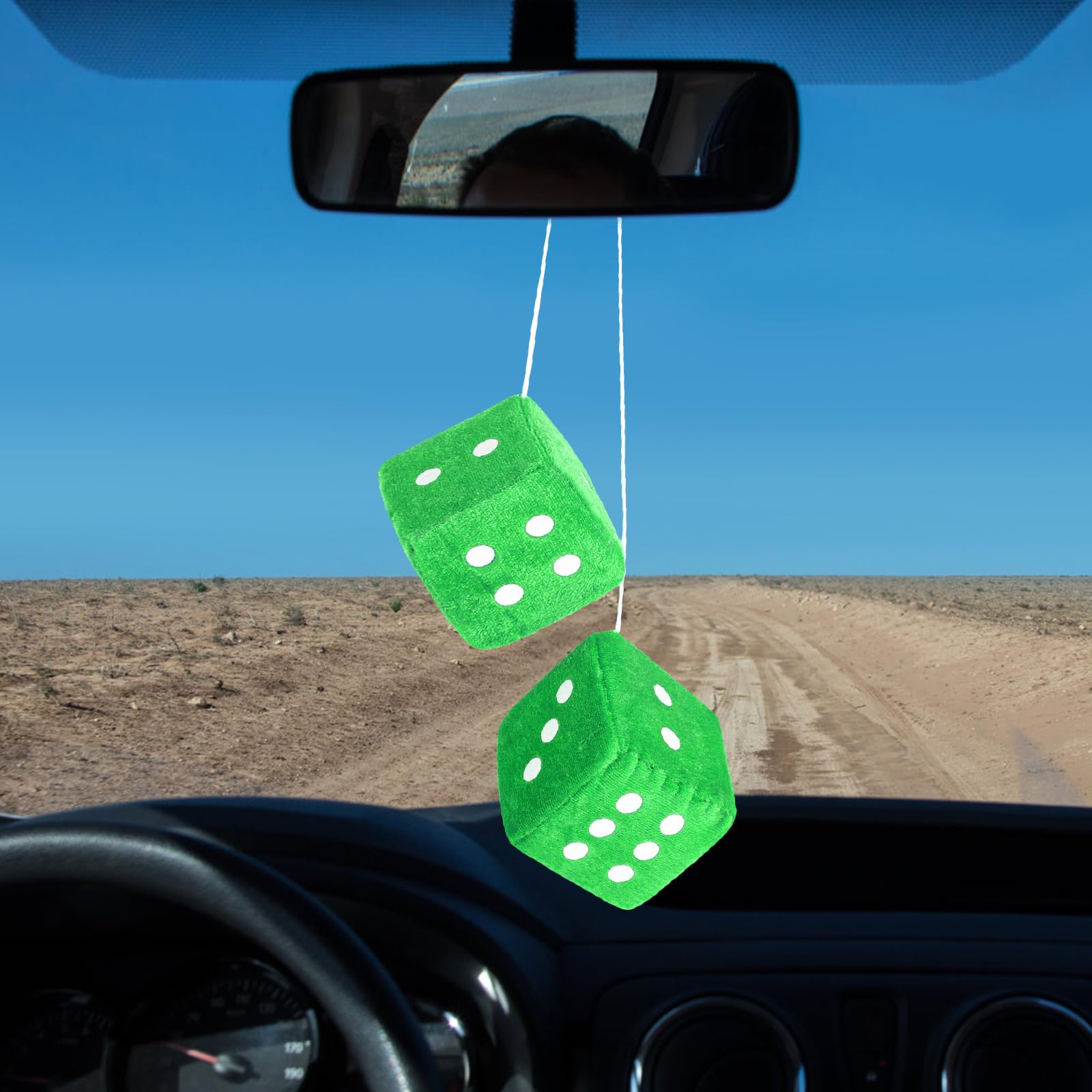 DIVINA VITAE Fuzzy Dice for Car Mirror, Green Plush 2.75" Retro Hanging Ornament, Model 547271_6_fSQai8TKJ