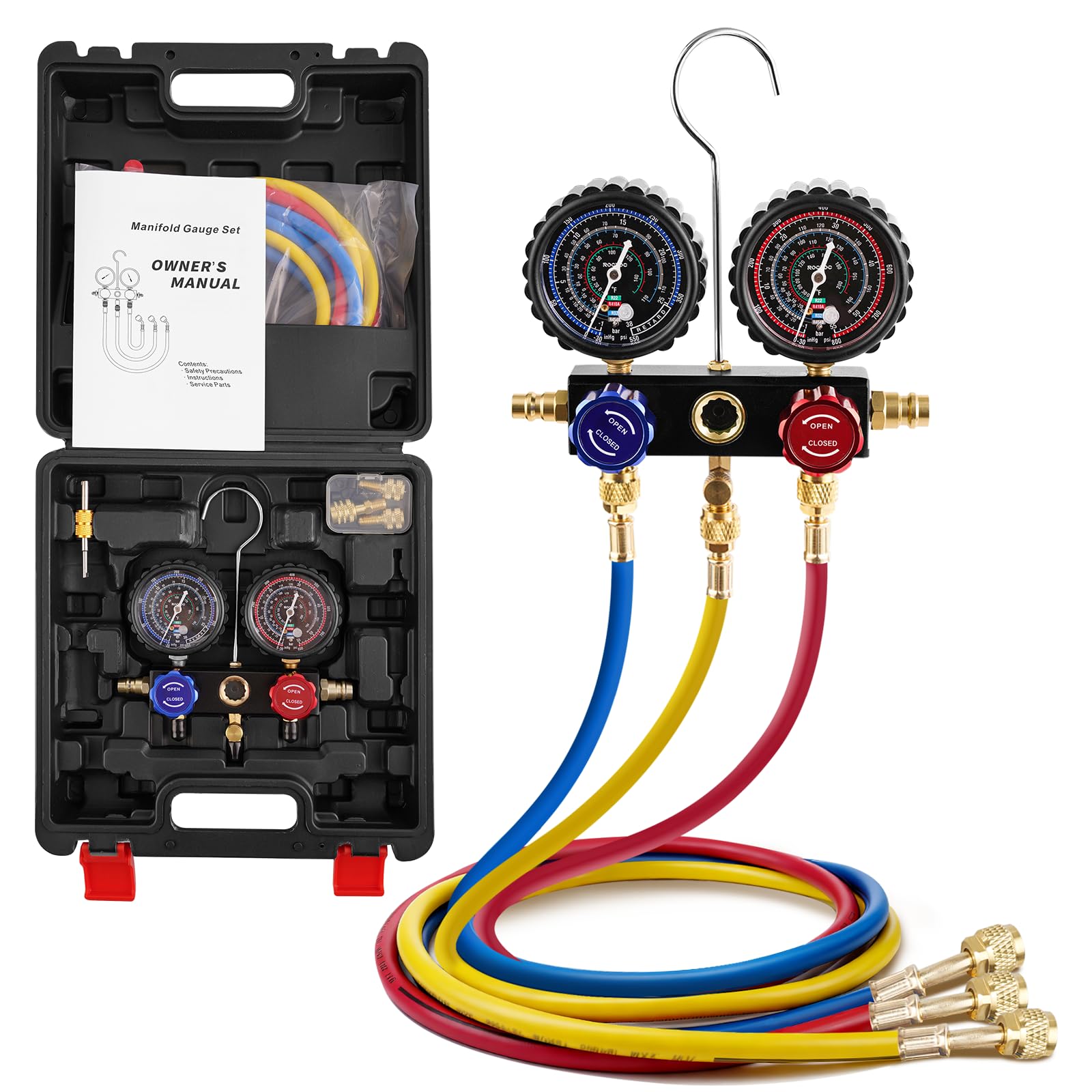ROGVOC 3-Way R454B AC Gauge Set, HVAC A2L Manifold Gauges for R454B/R32/R410A/R22 Refrigerant with A2L/R410a Adapters, 5FT Hoses