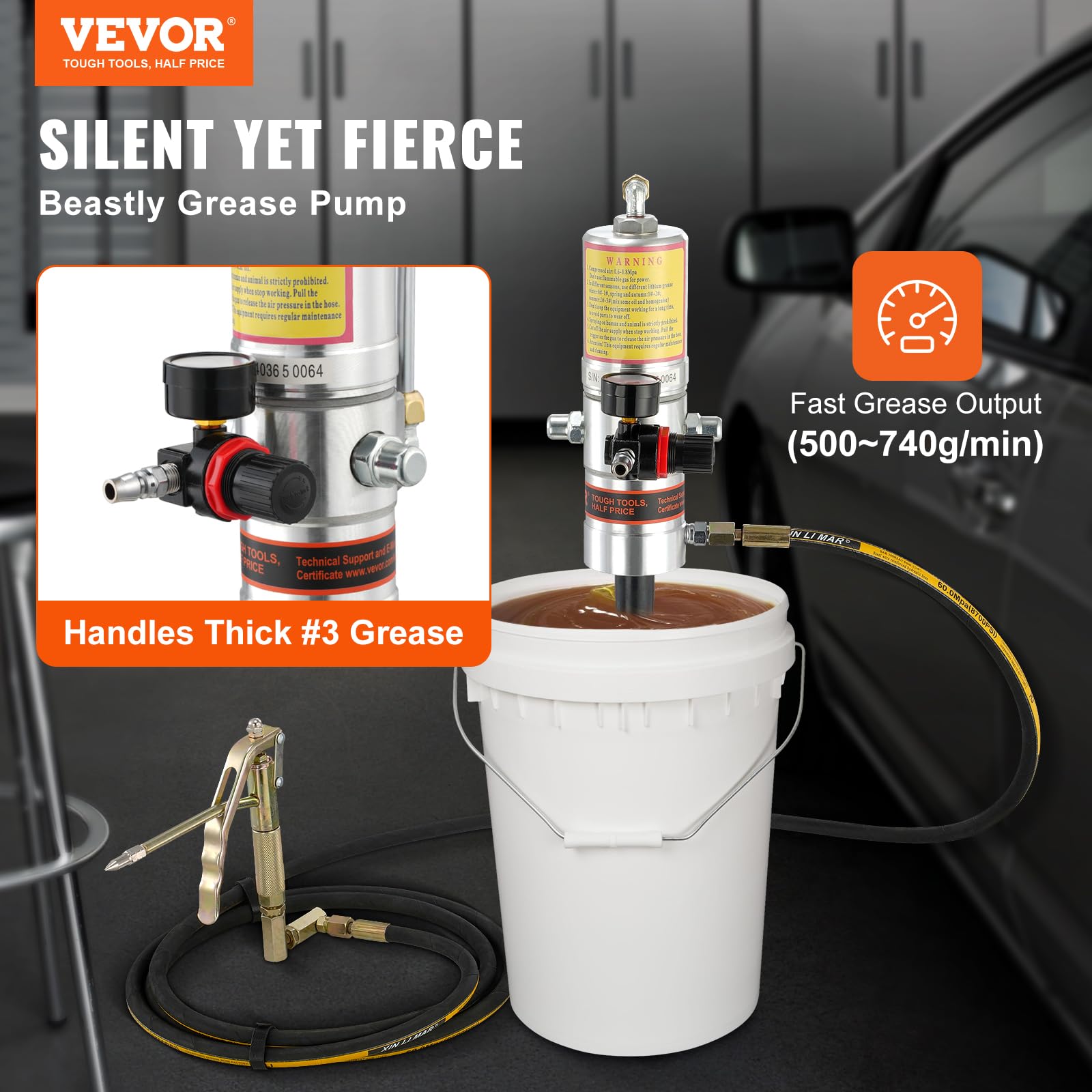 VEVOR Air Grease Pump with 13 ft Hose, Pneumatic Lubrication, 360° Swivel Head, Silver/Black, Model FF-23