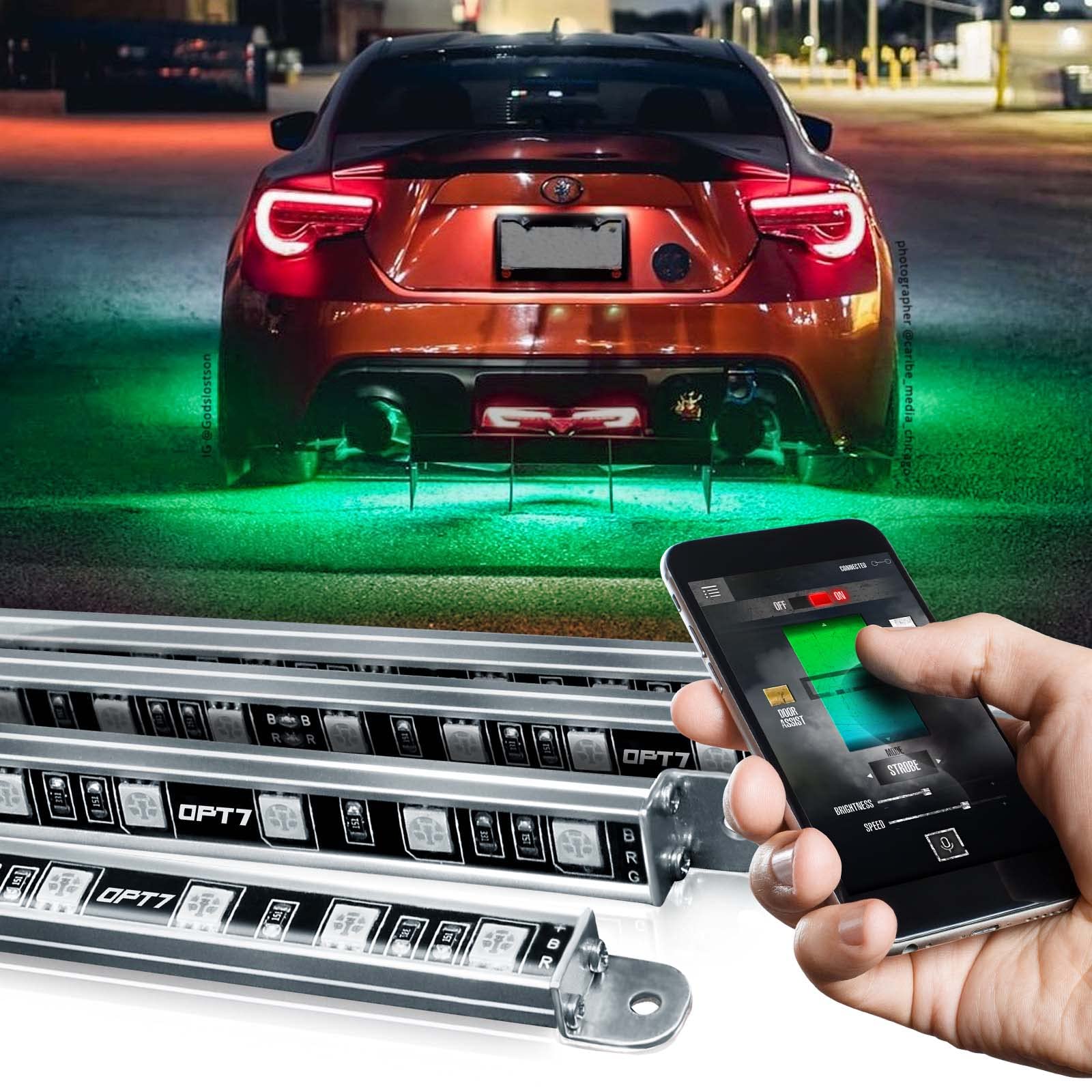 Opt7 Aura Pro Underglow Led Lights With App & Remote Control, Rgb Multicolor Mode, Music Sync, 4 Pcs Waterproof Rigid Aluminum L