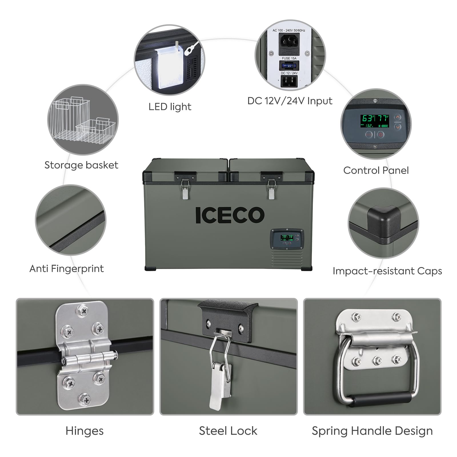 ICECO VL60 Dual Zone Portable Refrigerator, 60L, SECOP Compressor, Green, AC/DC, Insulated Cover