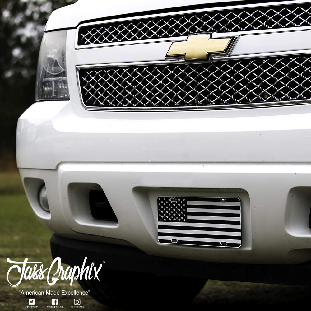 Jass Graphix American Flag License Plate Matte Black On 1/8'' White Aluminum Composite Heavy Duty Tactical Patriot Usa Car Tag (