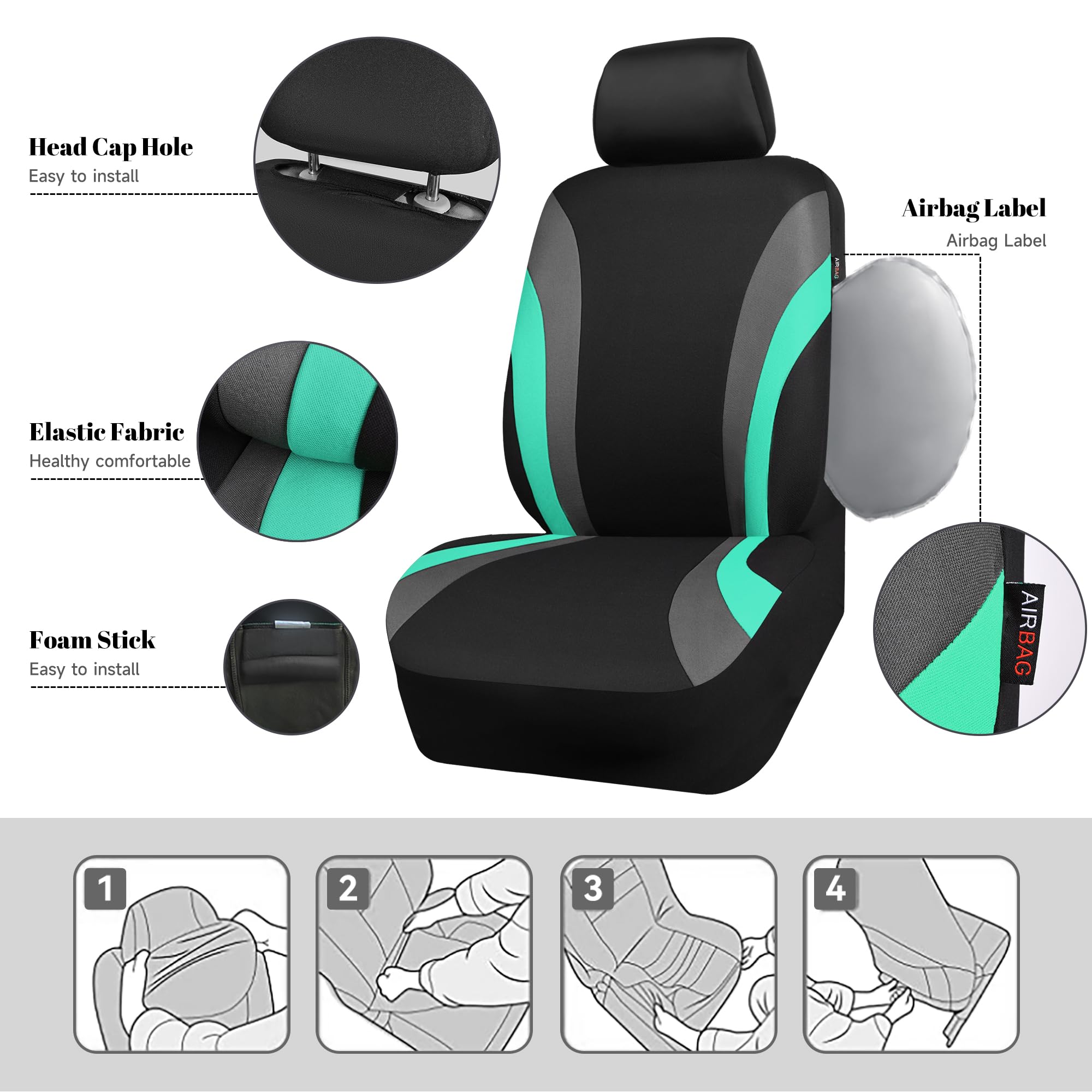 Car Pass Line Rider Sporty Front Seat Covers,Mint Car Seat Covers Two Front Seats Only For Cute Women Girl, Airbag Compatible,Un