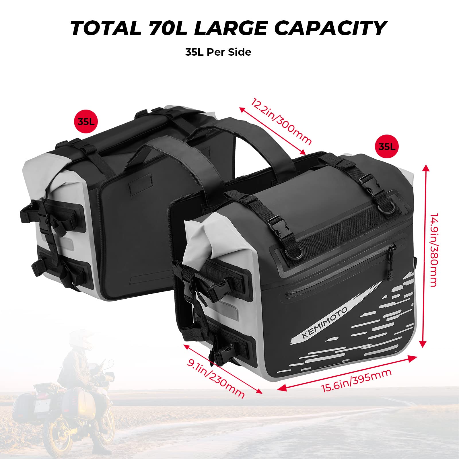 Kemimoto Motorcycle Saddlebags Waterproof (35L*2) 70L Dual Sport Adventure Saddle Bags Touring Street Bike Motor Travel Luggage Bag Motorbike Motorcross Sport Motorcycle Pannier Bags Side Bag