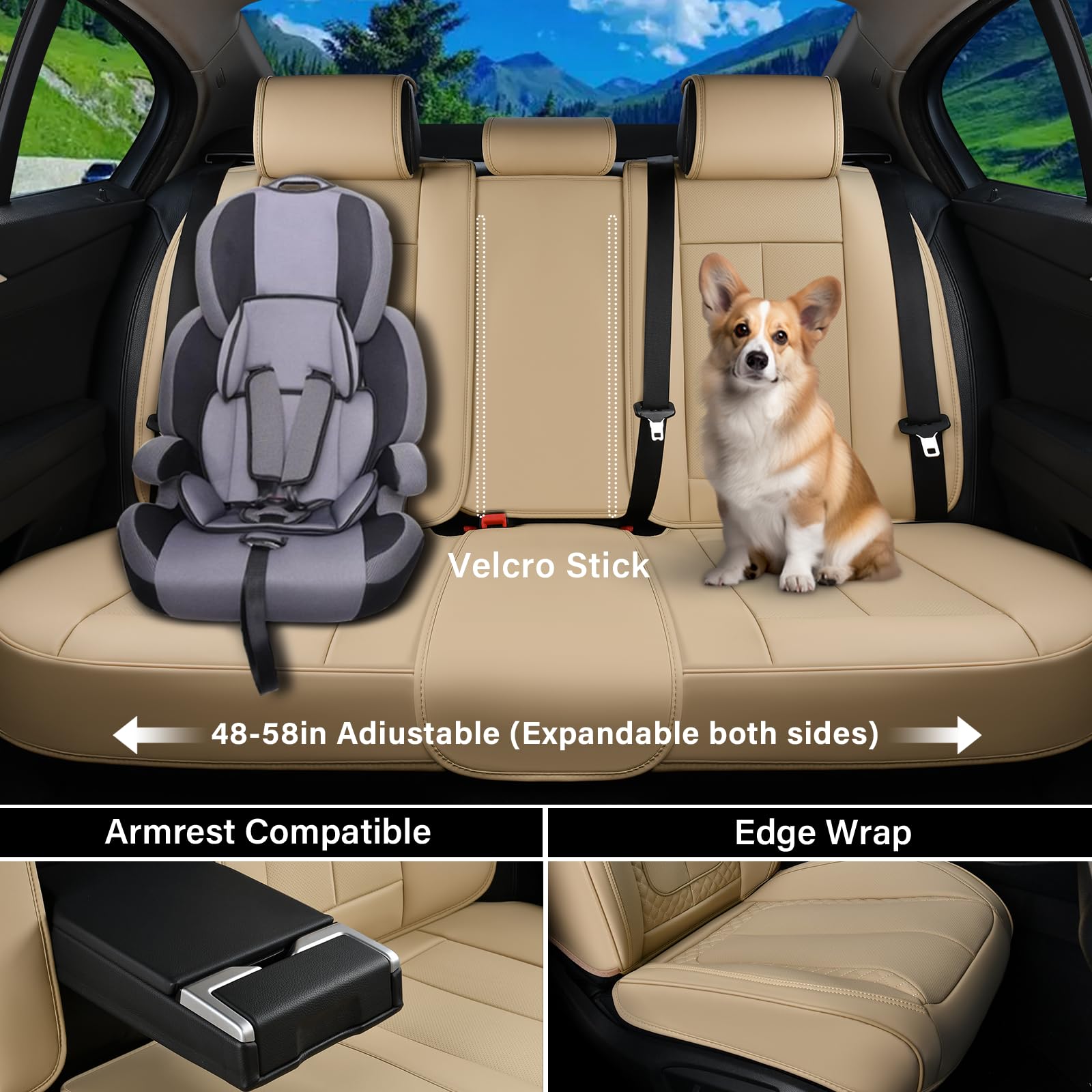 Coverado Car Seat Cover Full Set, Beige Seat Covers Front Seats Back Seat Covers, Nappa Leather Waterproof, Car Seat Cushion, Ca