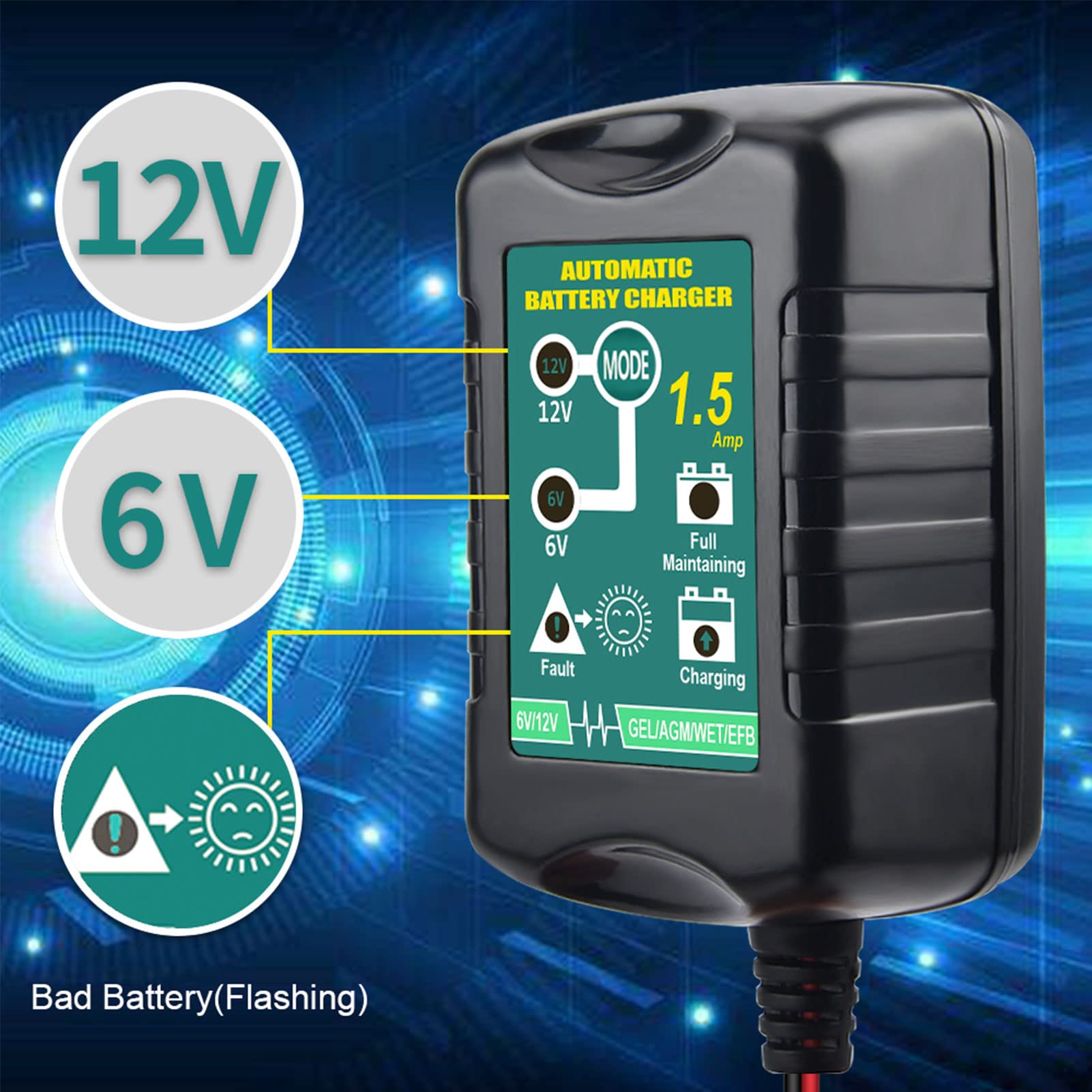 Vemote Trickle Battery Charger Maintainer, 12V / 6V Automatic Smart Battery Charger For Automotive Car Motorcycle Lawn Mower Mar