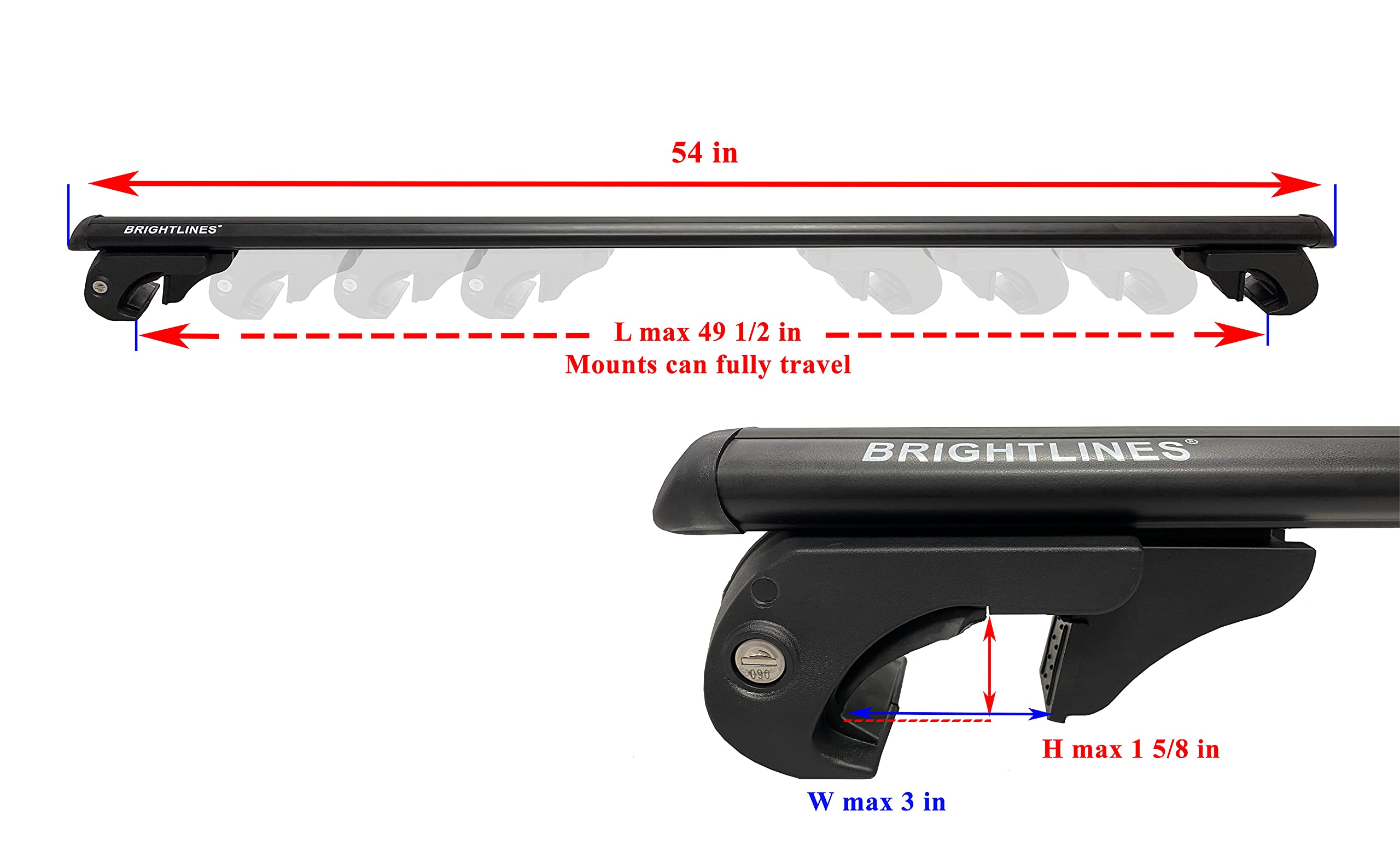 Brightlines 53' All Black Universal Crossbars Roof Racks Compatible With Raised Roof Side Rails For Kayak Luggage Ski Bike Carrier, A Set Of 2 (Black)