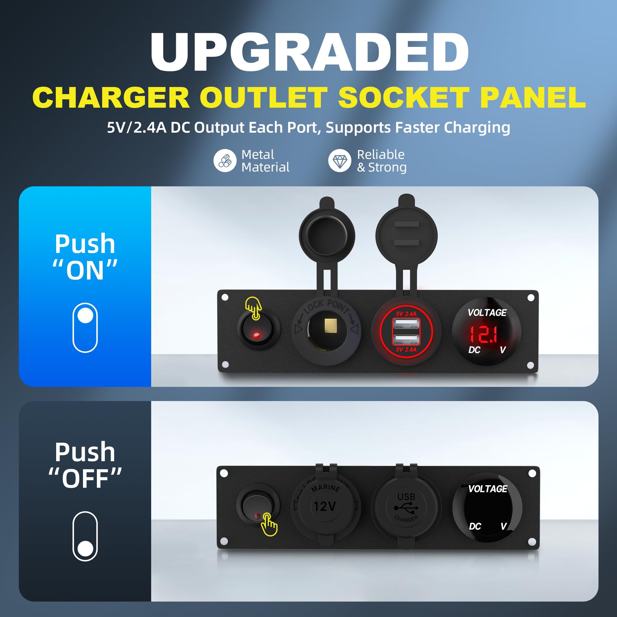 RVMARINEPAT 4 in 1 12V USB Panel with LED Voltmete & Dual USB Charger Socket Power & Cigarette Lighter Socket & Red LED Lighted