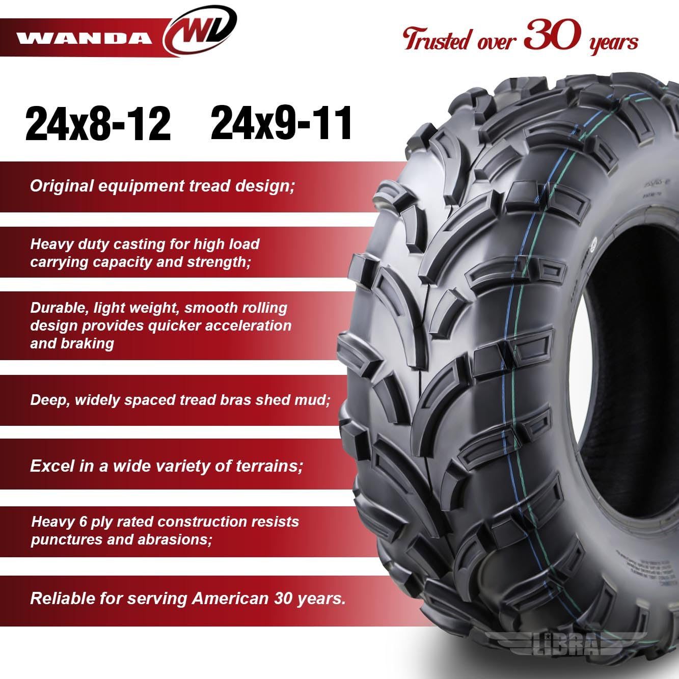 Wanda Utv Atv Tires 24X8-12 Front & 24X9-11 Rear /6Pr P373 Lit Mud
