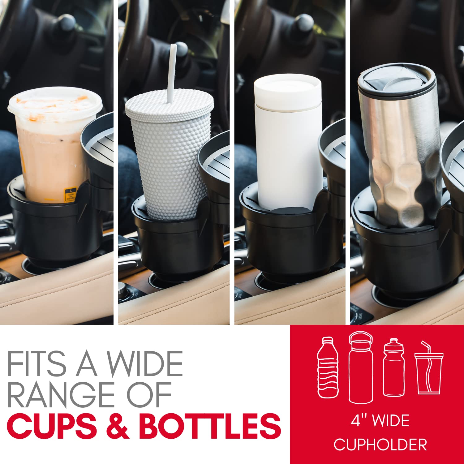 Macally Car Cup Holder Tray - 9" Food Tray & Drink Holder - Black, Pro Size, Fits Yeti & Hydroflask, Model MCUPEXPANDER