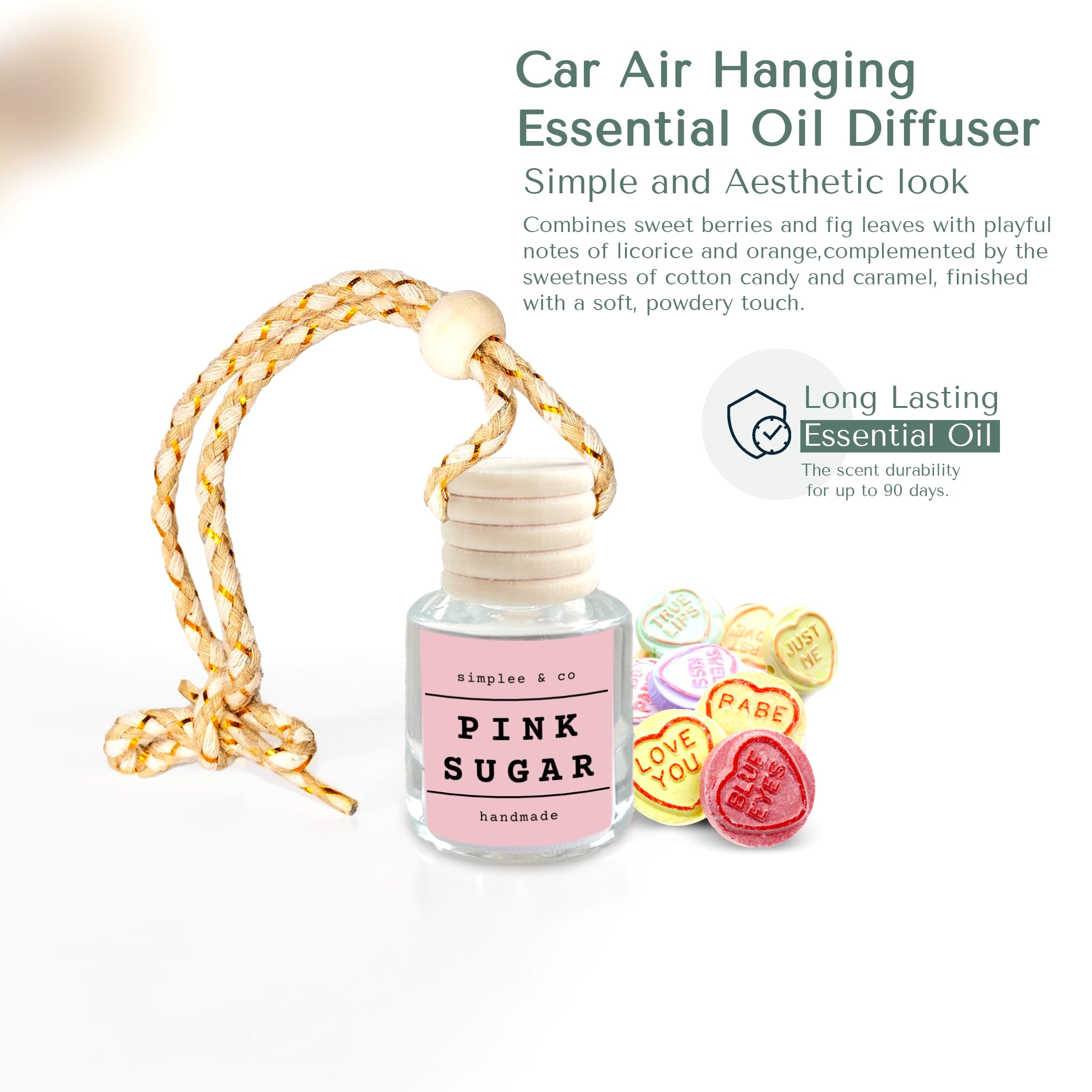 Simplee & Co Pink Sugar, 2 Pack Car Air Hanging Essential Oil Diffuser, Aromatherapy Vehicle Diffuser, Long Lasting By Simplee &