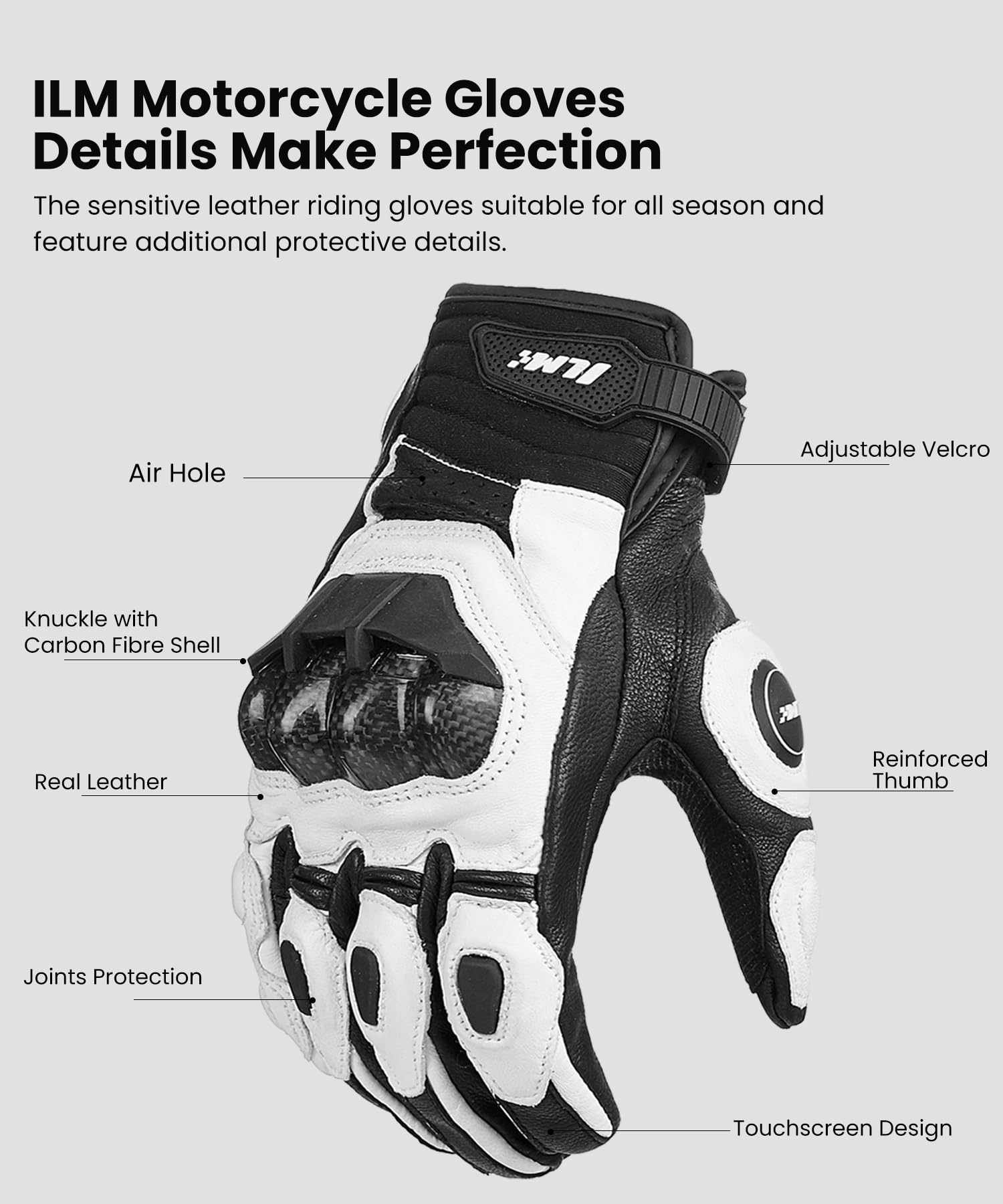 Ilm Air Flow Leather Motorcycle Gloves Touchscreen For Men And Women Model-Grc01 (Xl, White)