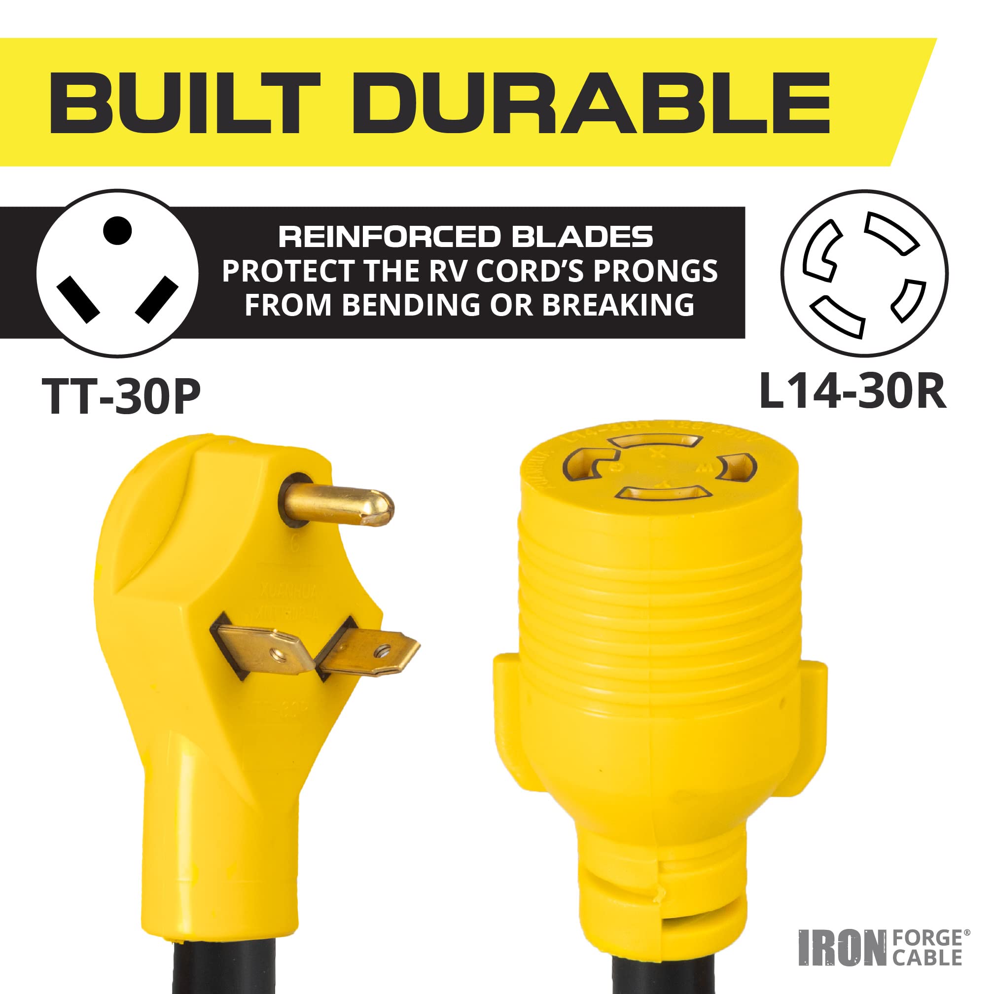 IRON FORGE CABLE RV Power Cord Adapter, TT-30P Male to L14-30R Female, 1.5ft, Model IFC-RVA-DB15, Yellow