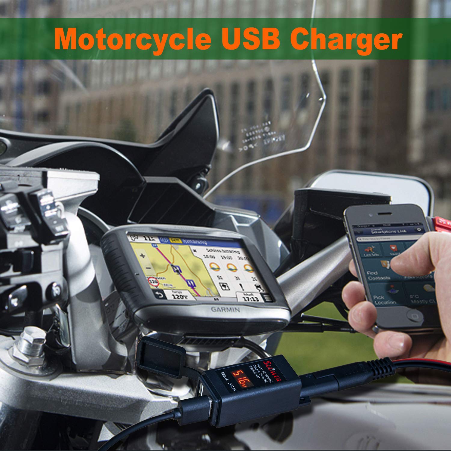 Suuwer 4.8A Motorcycle USB Charger, Quick Disconnect SAE to Dual USB Adapter Motorcycle Phone Charger, with LED Voltmeter & ON/O