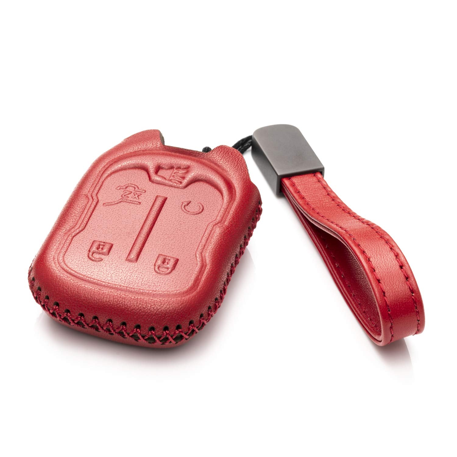 Vitodeco Genuine Leather Smart Key Fob Case With Leather Strap Compatible For Gmc Acadia, Gmc Terrain 2017 - 2023 (5-Button, Red