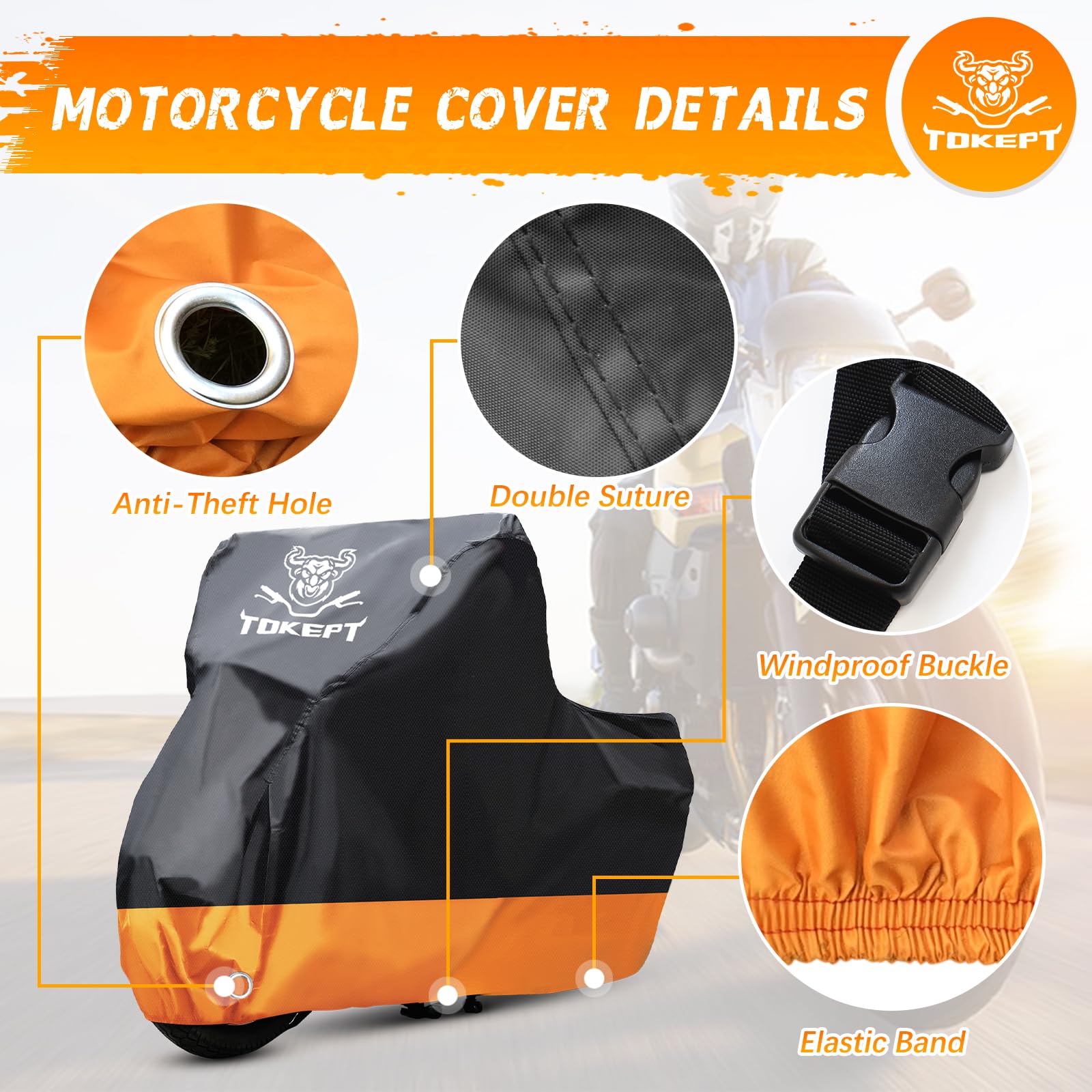 Tokept Motorcycle Cover, All-Season Waterproof Outdoor Sun Protection Fit up to 96 Inch Harley-Davidson Honda Suzuki Kawasaki Ya