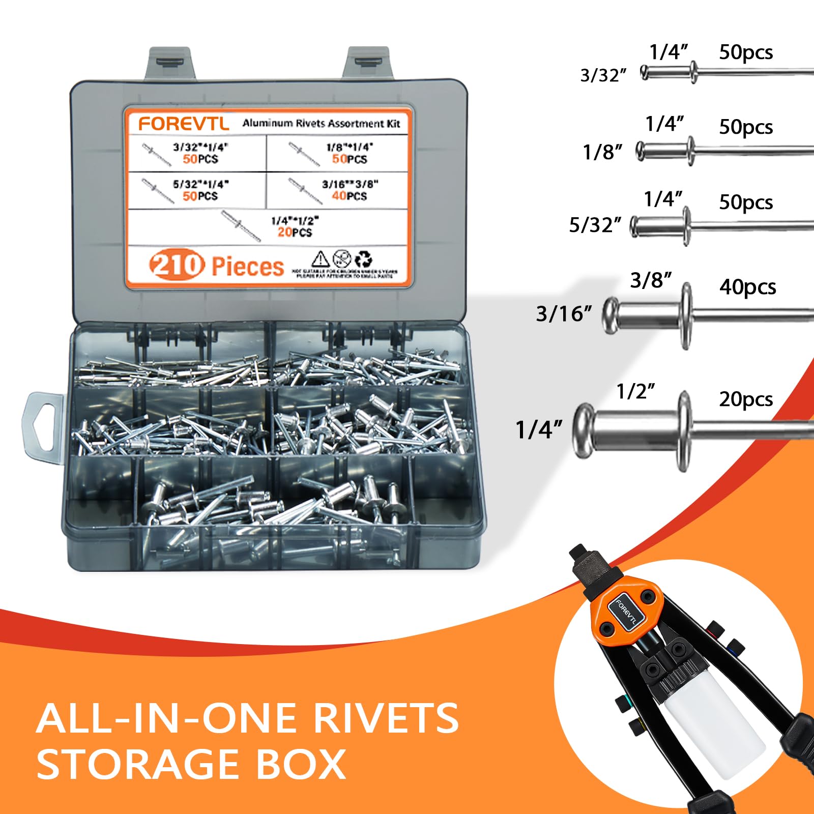 Forevtl Rivet Gun - 1/4 Pop Rivet Gun Kit With 210 Pop Rivets (3/32 '', 1/8 '', 5/32 '', 3/16 '', 1/4 ' ') Full Metal 13 '' Larg