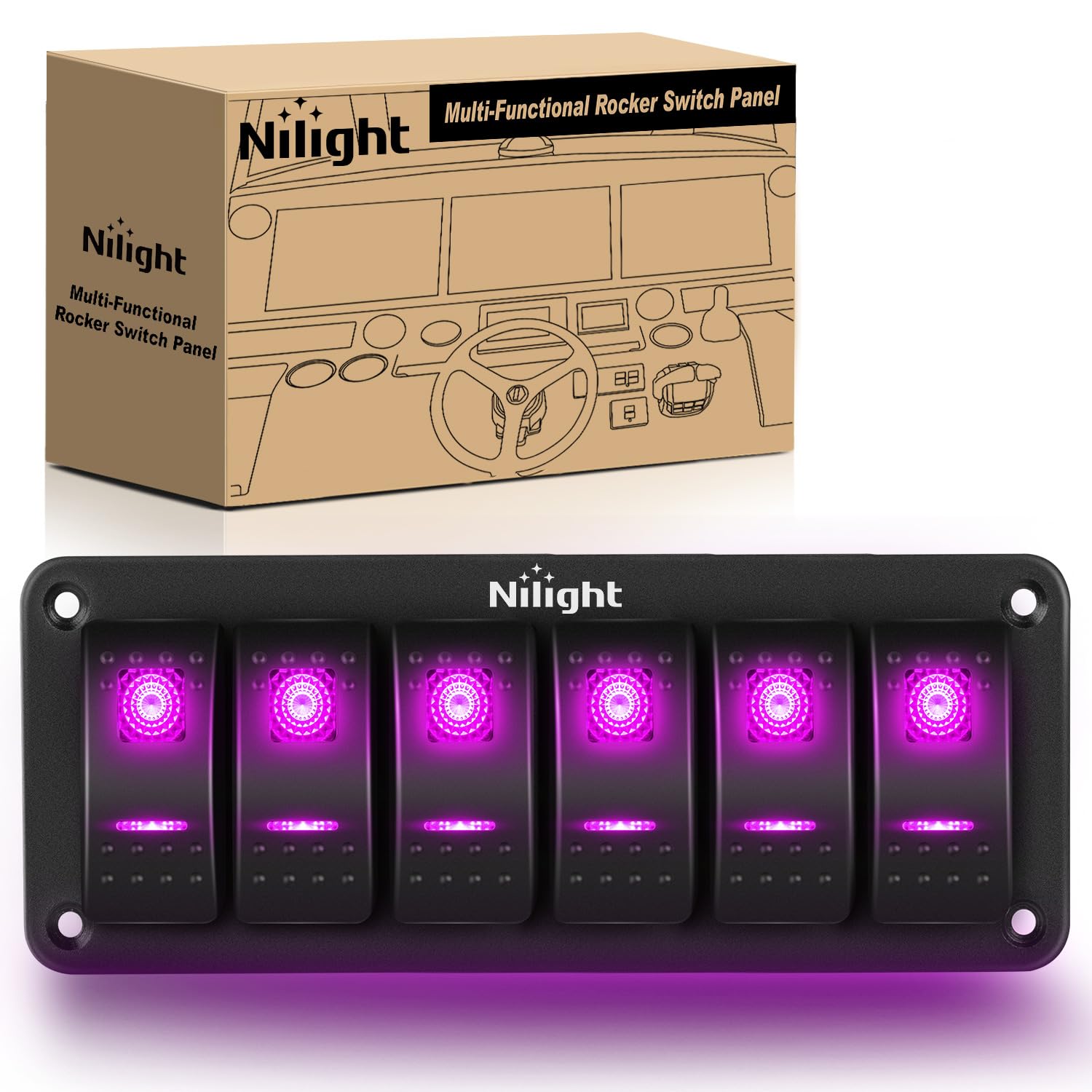 Nilight 6 Gang Rocker Switch Panel With Purple Led Light 5 Pin On Off Pre-Wired Rocker Switch Aluminum Panel Toggle Switch Panel